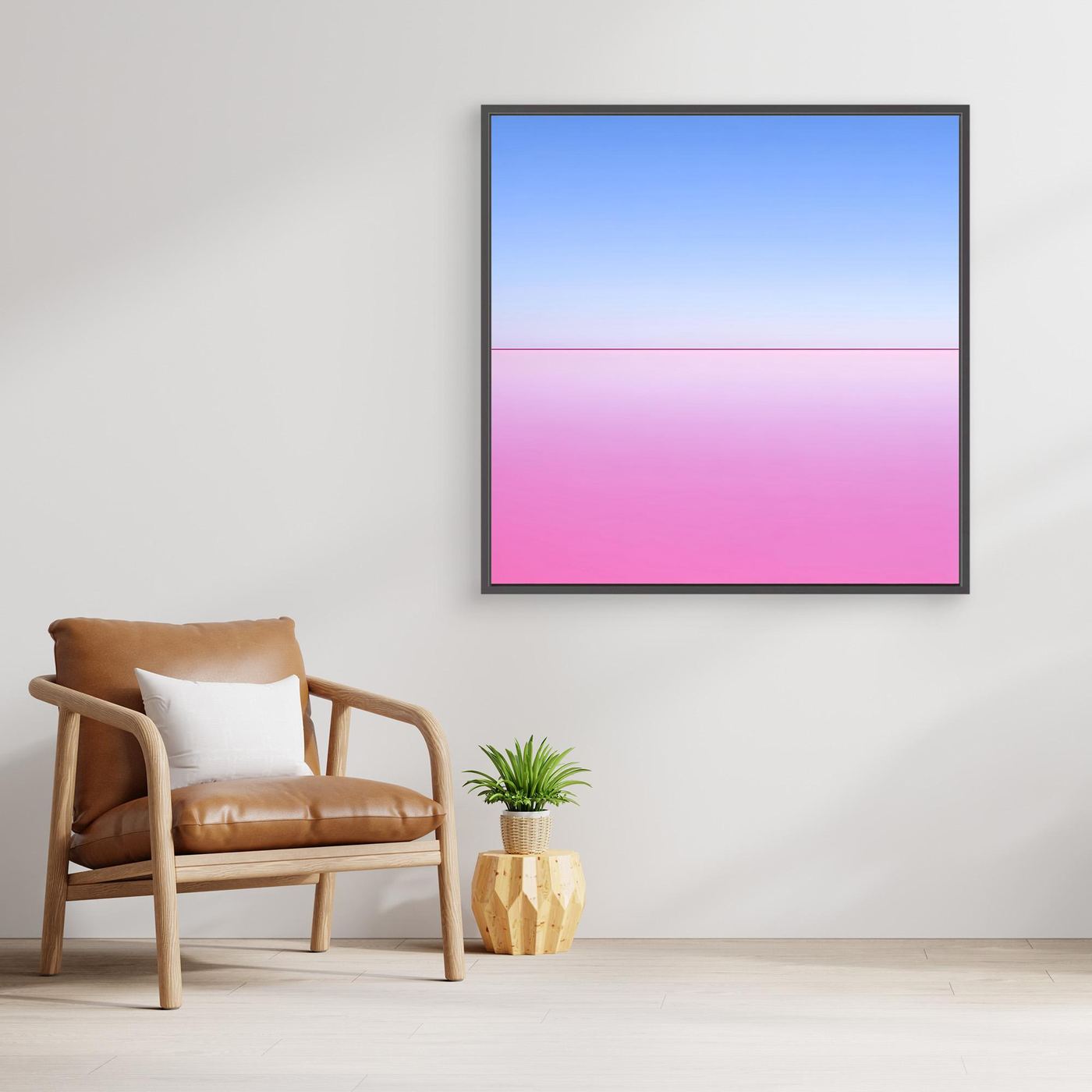 Abstraktes Horizont-Leinwandbild mit Blau-Pink-Verlauf, quadratisch, schwarzer Rahmen