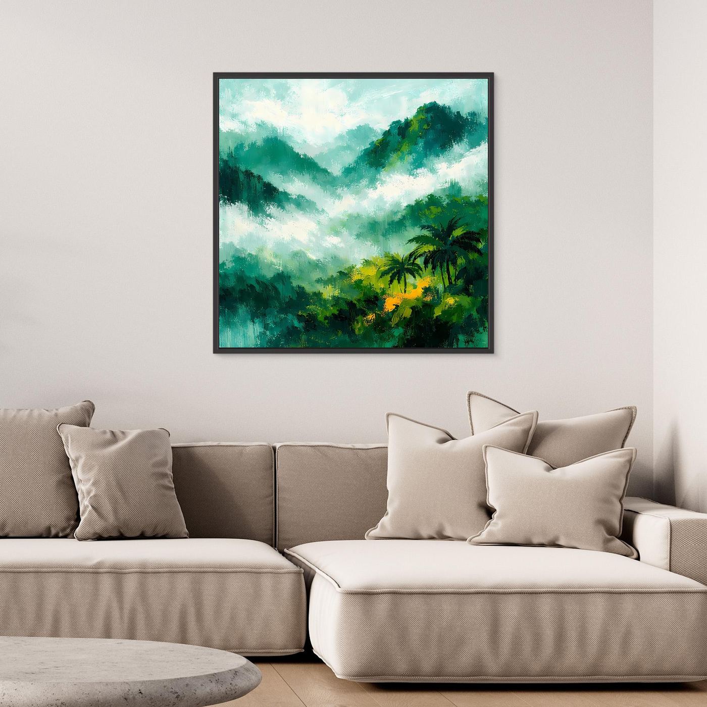 Leinwand Abstraktes Dschungelgebirge im Nebel | Modernes Tropen Wandbild Grün