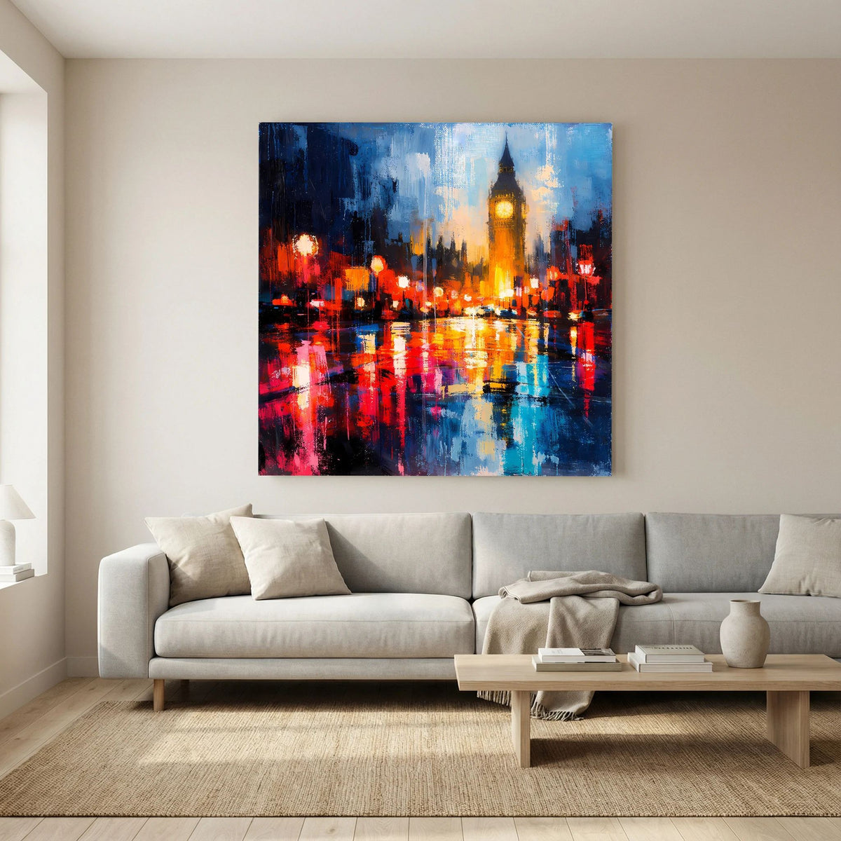 Leinwand Abstraktes Big Ben London Gemälde | Modernes Urbanes Wandbild bei Nacht