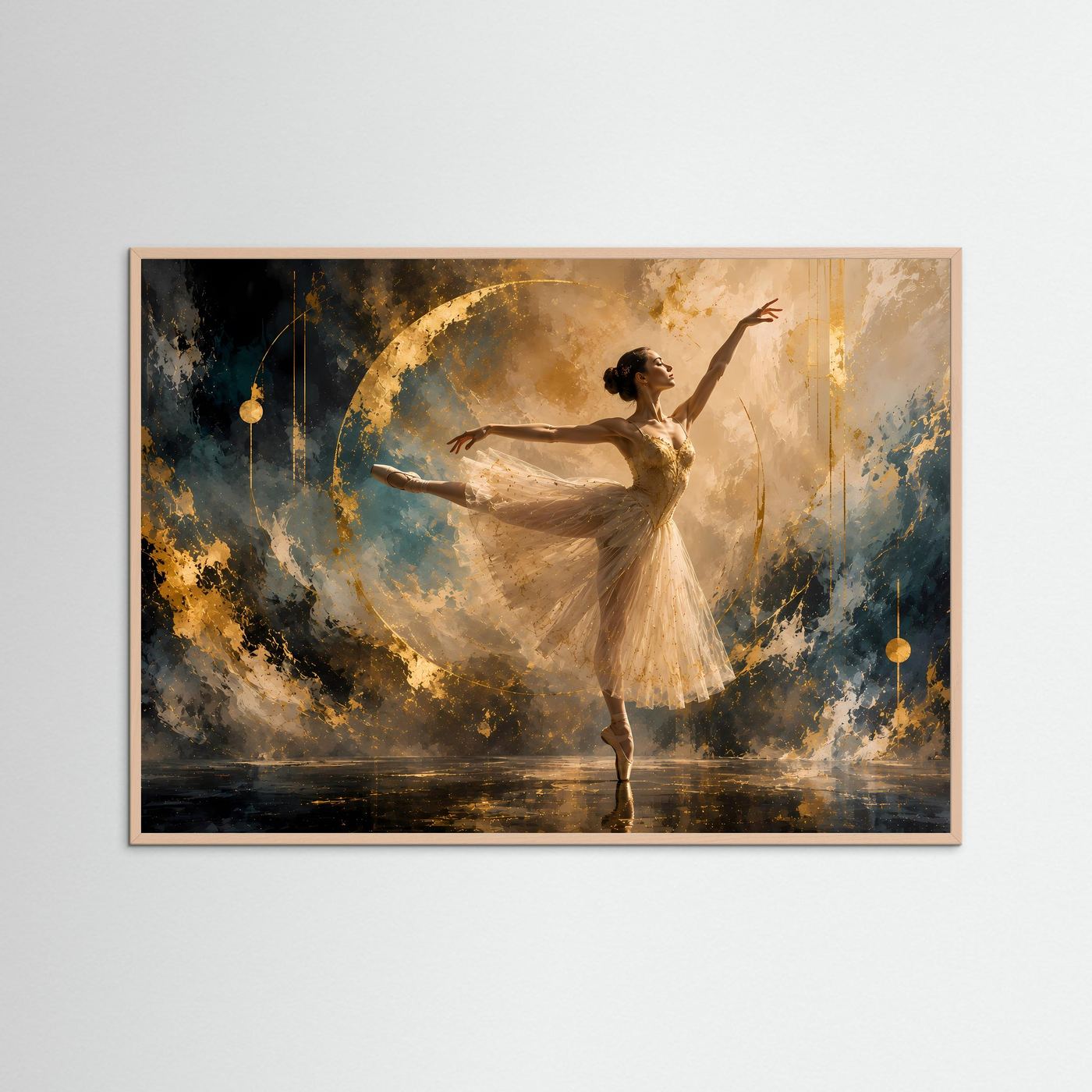 Tanzposter mit Ballerina im goldenen Kleid, abstrakter Hintergrund, roséfarbener Holzrahmen