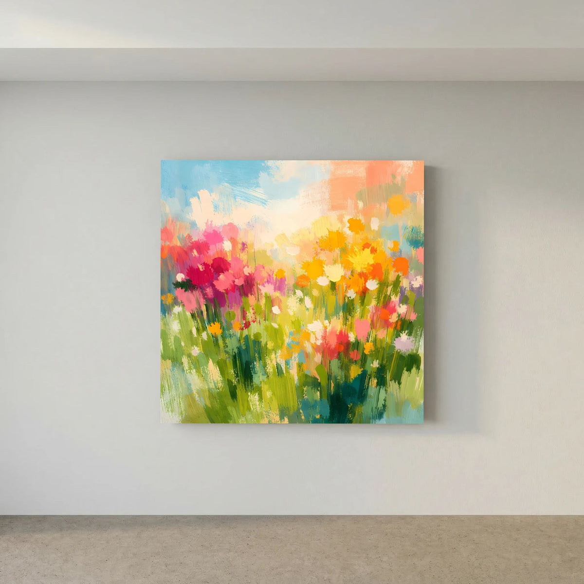Kleines quadratisches Leinwandbild mit abstrakter Blumenwiese und Wildblumen