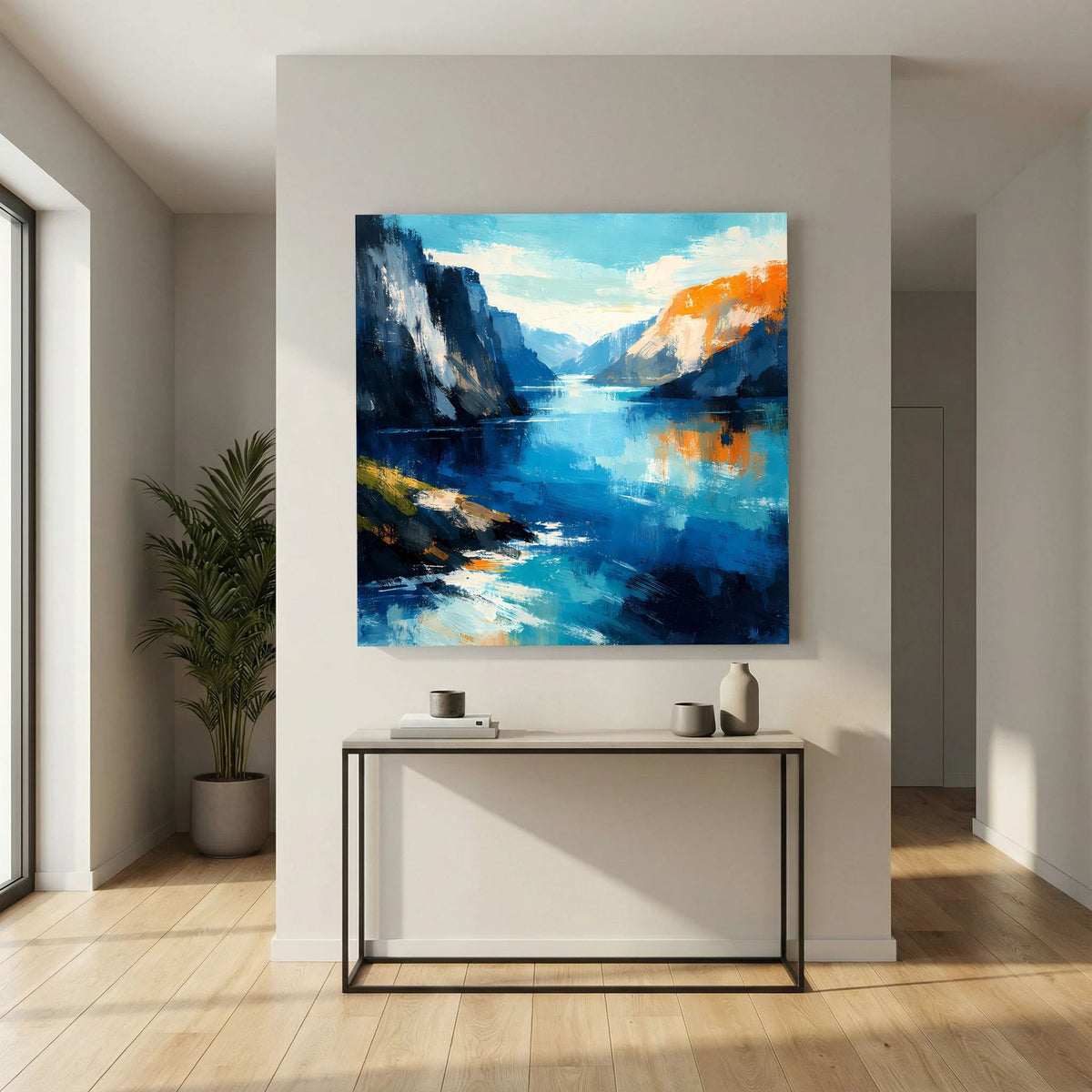 Leinwand Abstraktes Fjord Gemälde | Modernes Norwegisches Wandbild Blau Orange