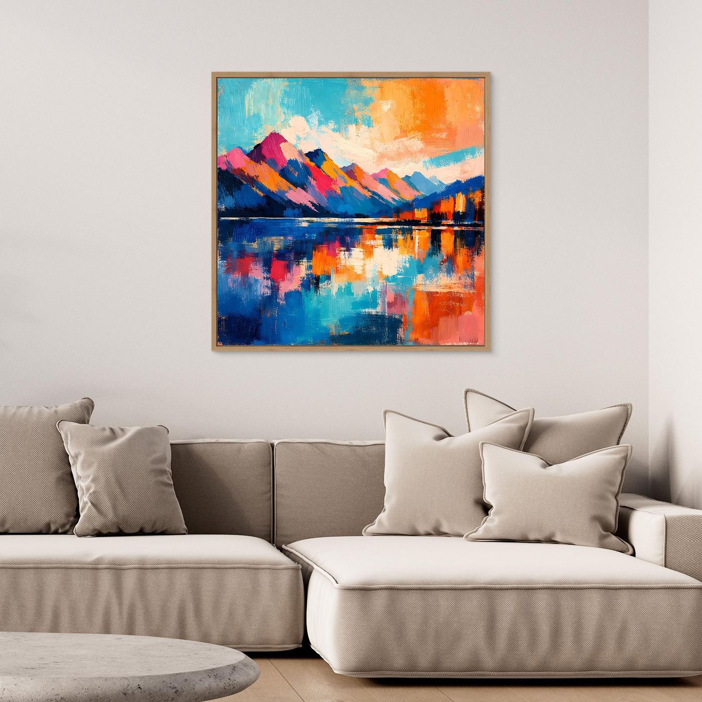 Wandbild Leinwand mit abstrakter Berglandschaft, Farbflächen in Blau und Orange, mit Rahmen