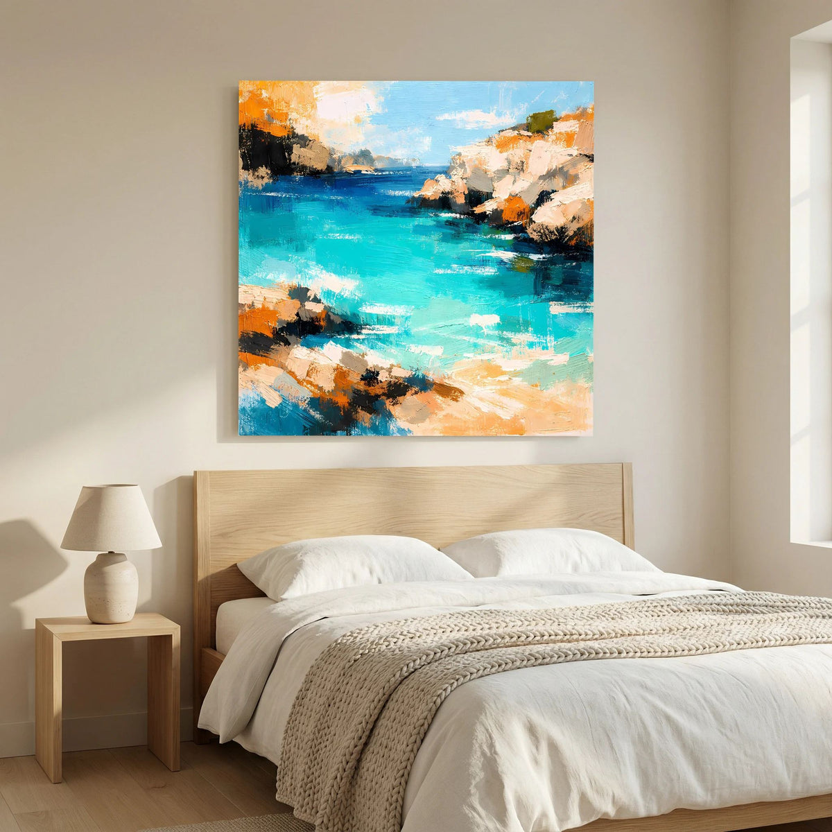 Abstraktes Meer- und Klippen-Wandbild über einem Bett: türkisblauer Küstenverlauf, orange Highlights