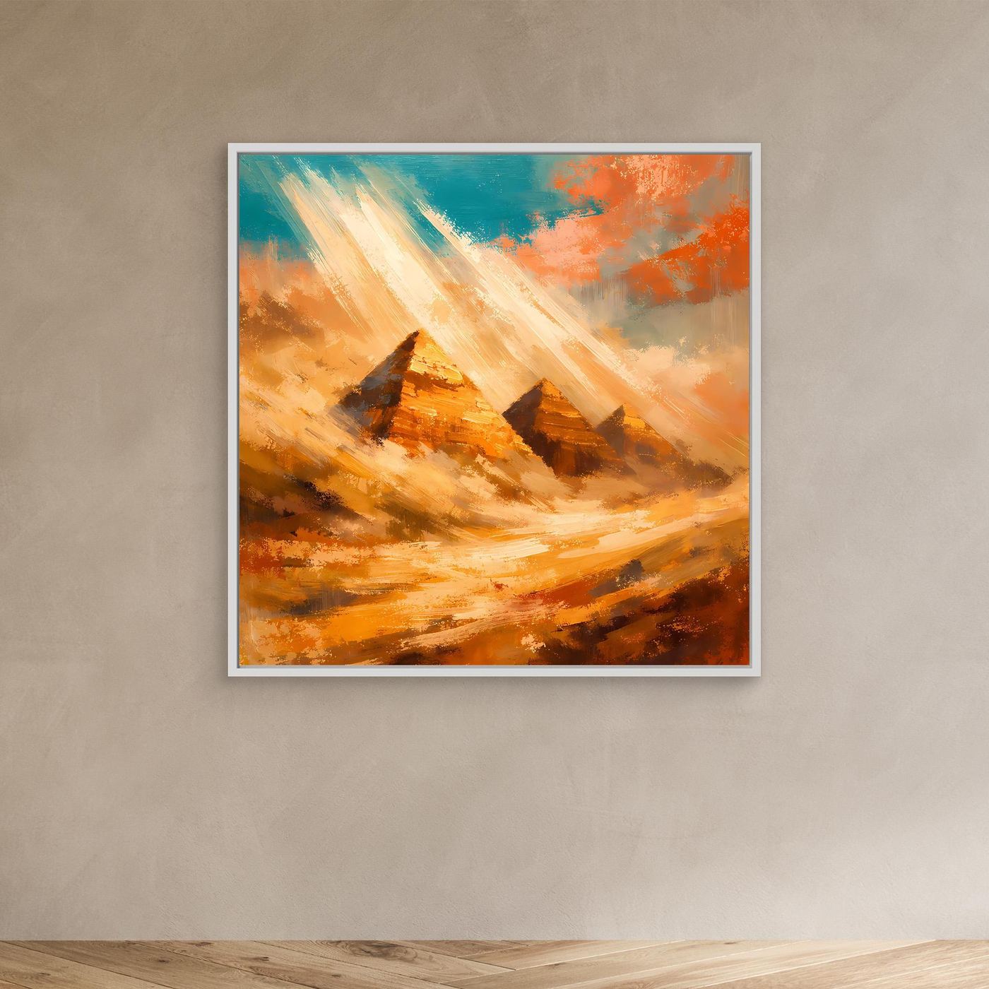 Abstraktes Leinwand-Wandbild mit Pyramiden und Sonnenstrahlen in warmen Tönen, im weißen Rahmen
