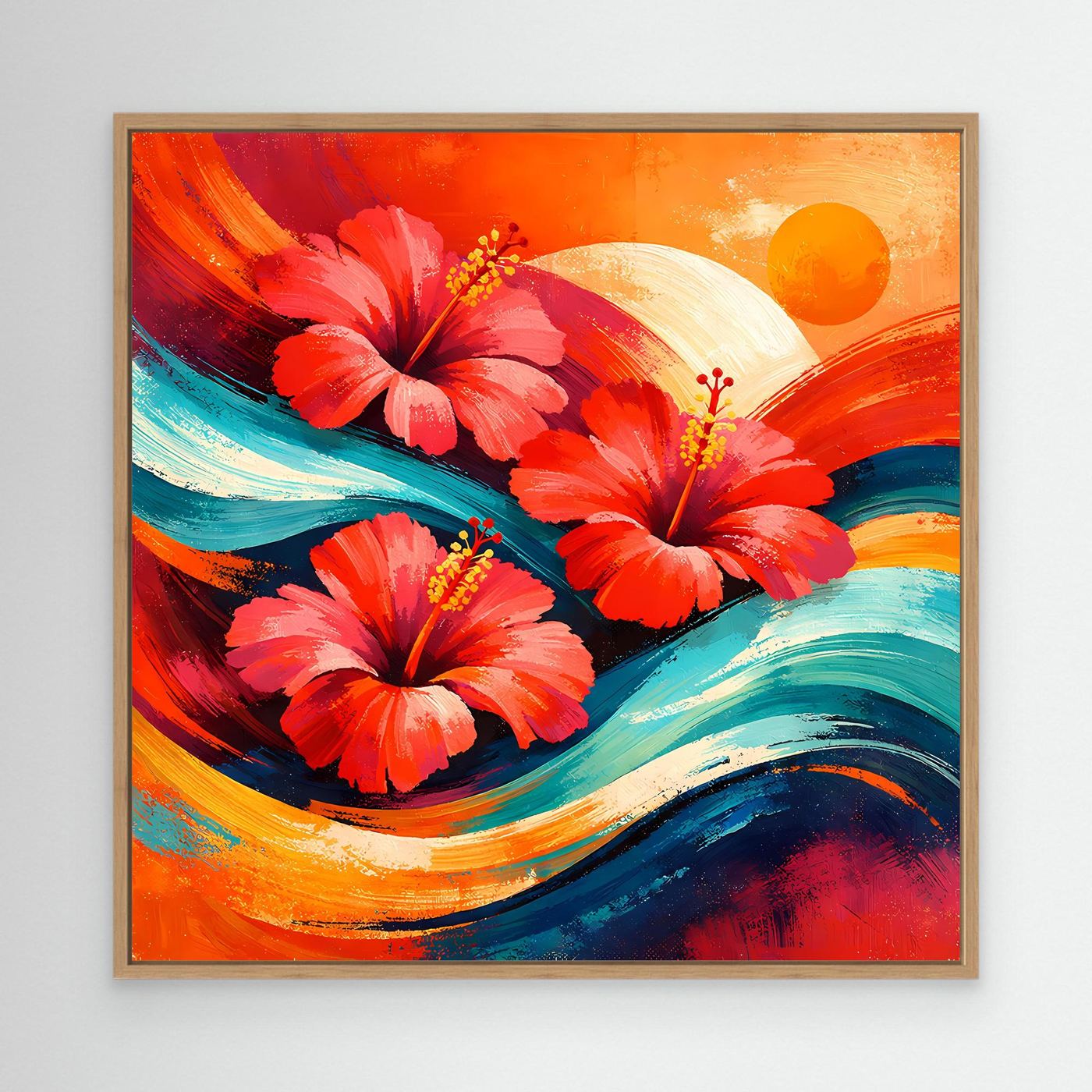 Leinwandbild mit Holzrahmen: rote Hibiskusblüten, türkisfarbene Farbwirbel, Sonnenkreise
