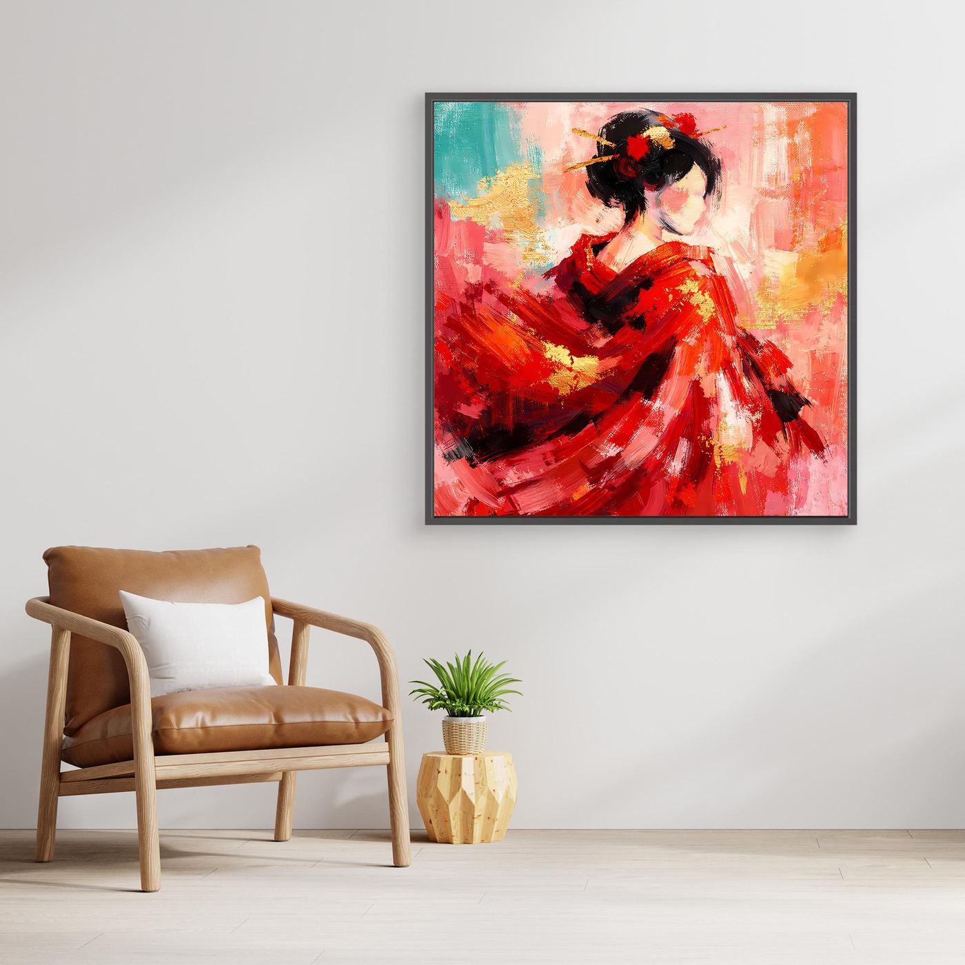 Abstraktes Leinwandbild: Geisha in Rot mit schwarzem Haar und goldenen Pinselstrichen