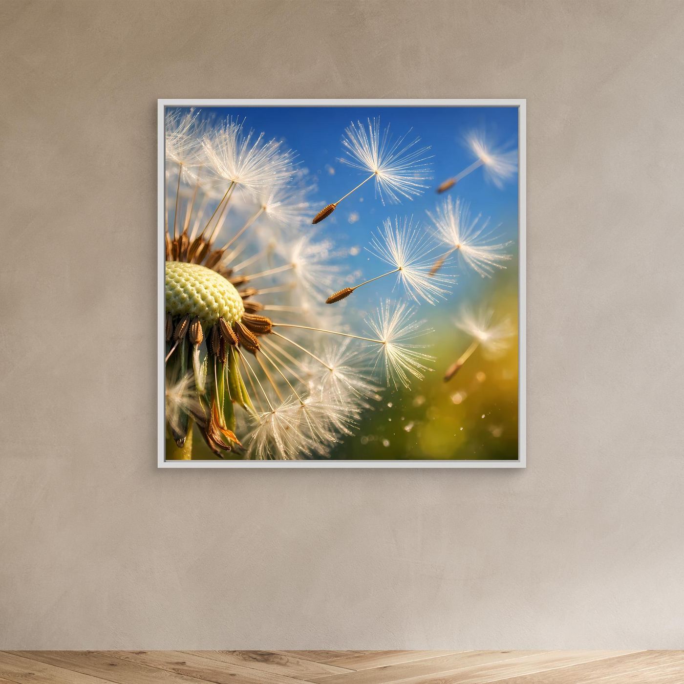 Leinwandbild mit Makro-Pusteblume und fliegenden Löwenzahnsamen im weißen Rahmen