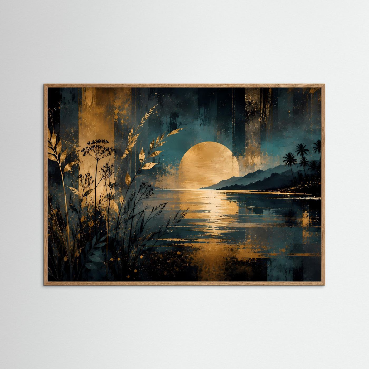 Poster im Querformat mit naturfarbenem Holzrahmen: goldene Sonne über tropischer Küste mit Palmen.