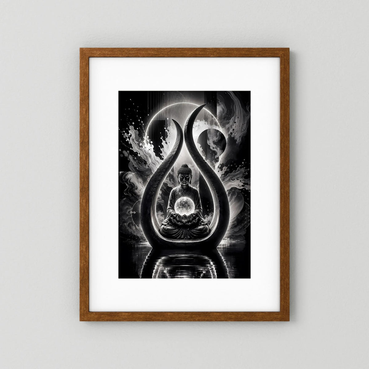 Buddha-Kunstposter in Schwarzweiß: Meditierender Buddha im Tropfen-Licht, brauner Rahmen mit Rand