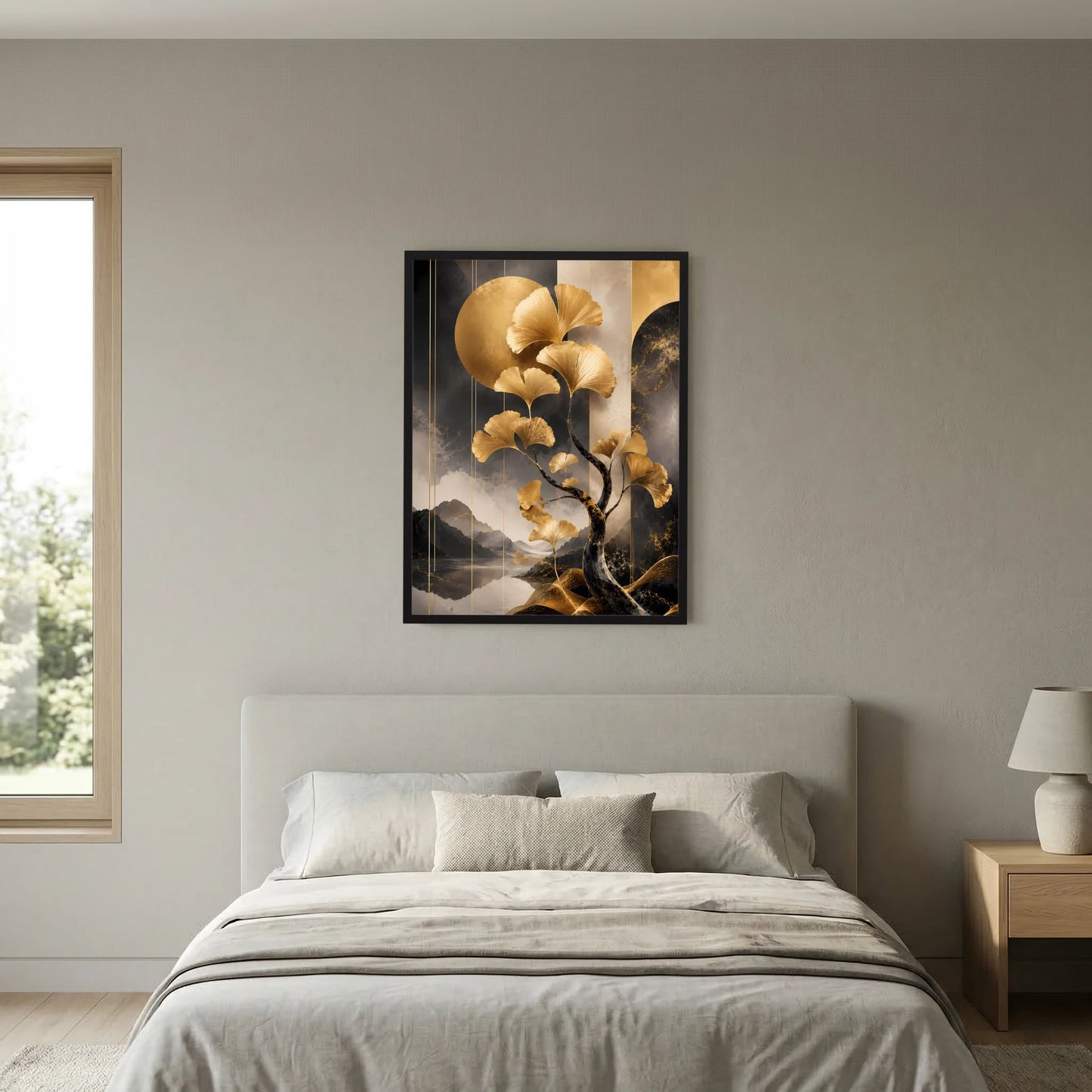 Hochformat-Poster mit goldenen Blättern und Baumzweigen, schwarzer Rahmen