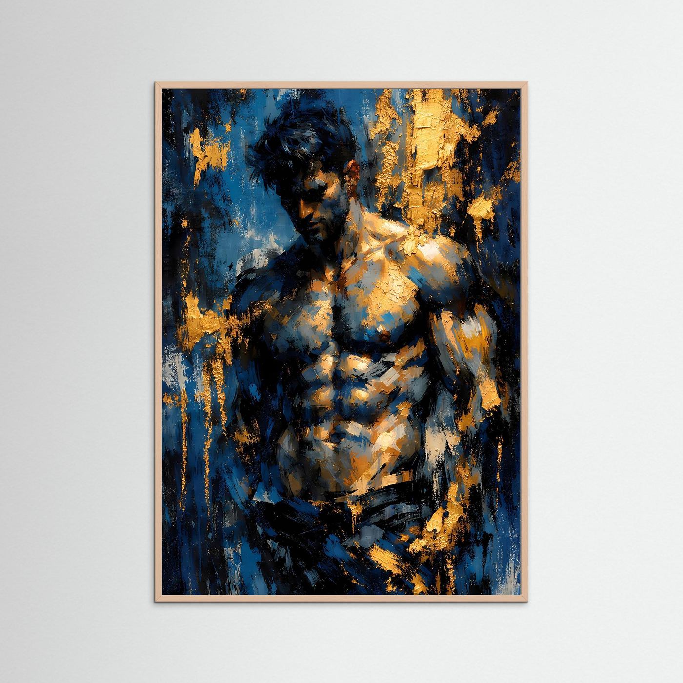 Kunstposter im Hochformat mit Aktfigur, kräftiges Blau, goldene Spritzer und dunkle Schatten, Holzrahmen