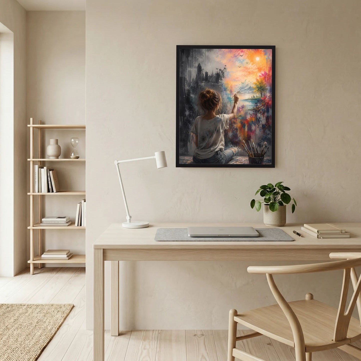 Hochformat-Poster an Wand: Frau zwischen Stadt und Natur, buntes Gemälde im Rahmen