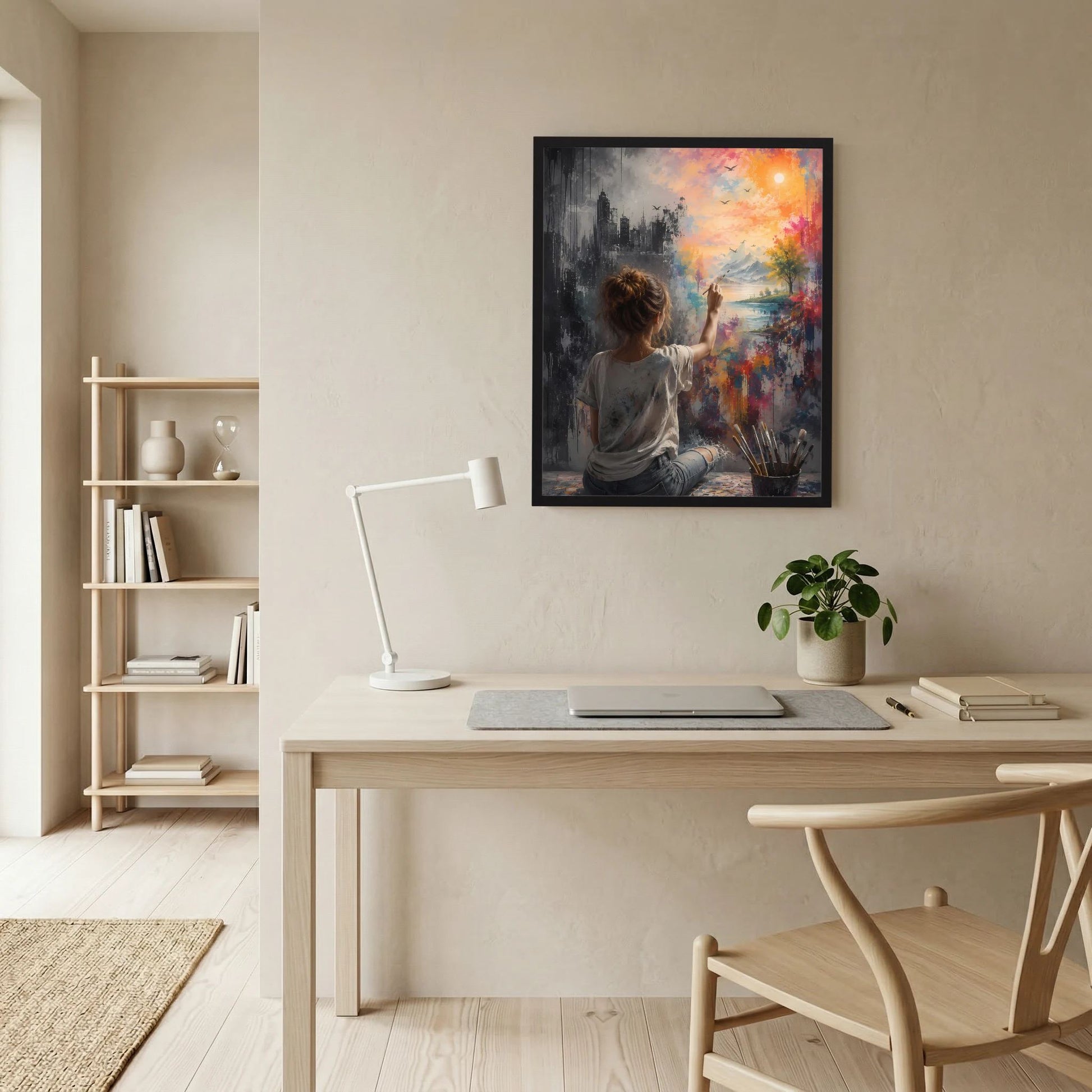 Hochformat-Poster an Wand: Frau zwischen Stadt und Natur, buntes Gemälde im Rahmen