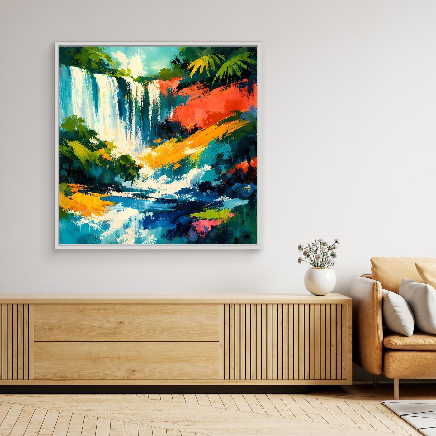 Leinwand-Wandbild mit abstraktem tropischem Wasserfall, farbenfroher Malerei und dunklem Rahmen