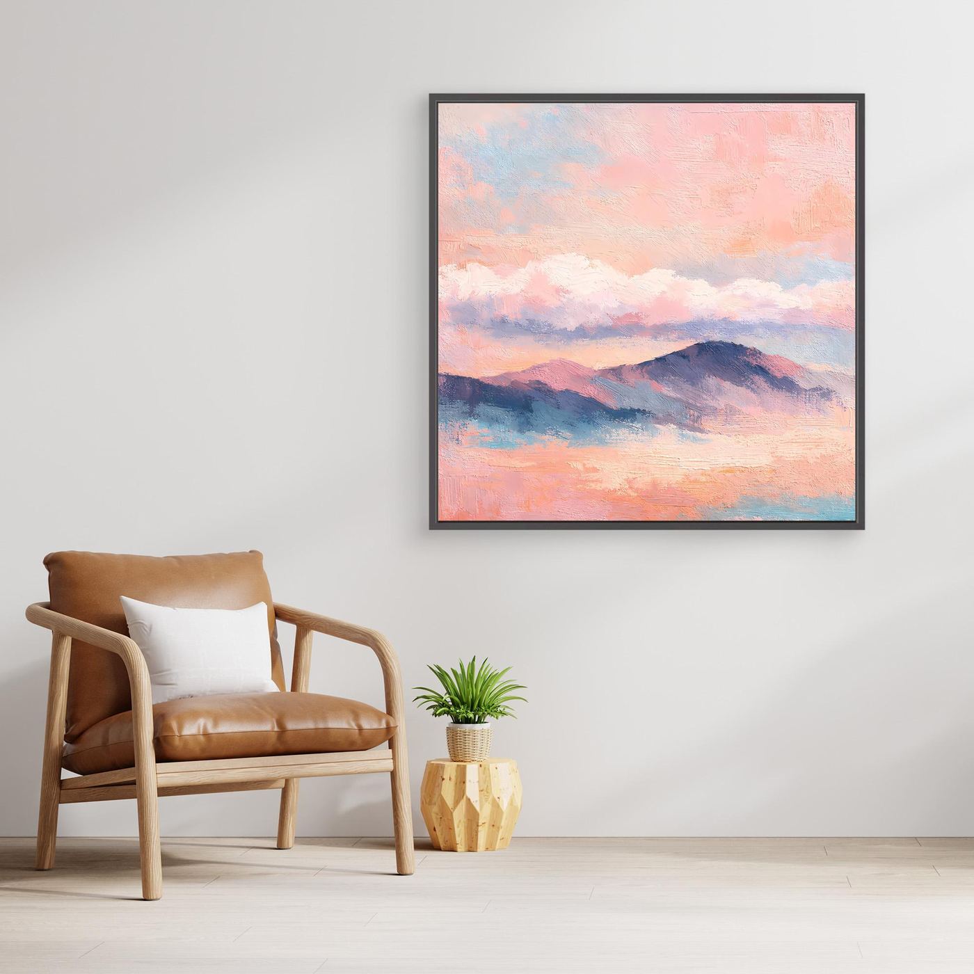 Leinwand-Wandbild mit pastellfarbener Bergkette und wolkigem Himmel, mit schwarzem Rahmen