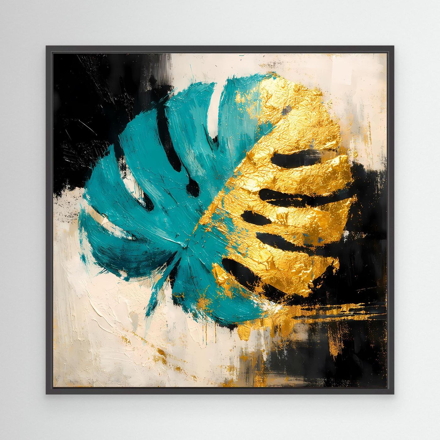Leinwand Abstraktes Monstera Gemälde in Türkis und Gold | Modernes Botanik Wandbild
