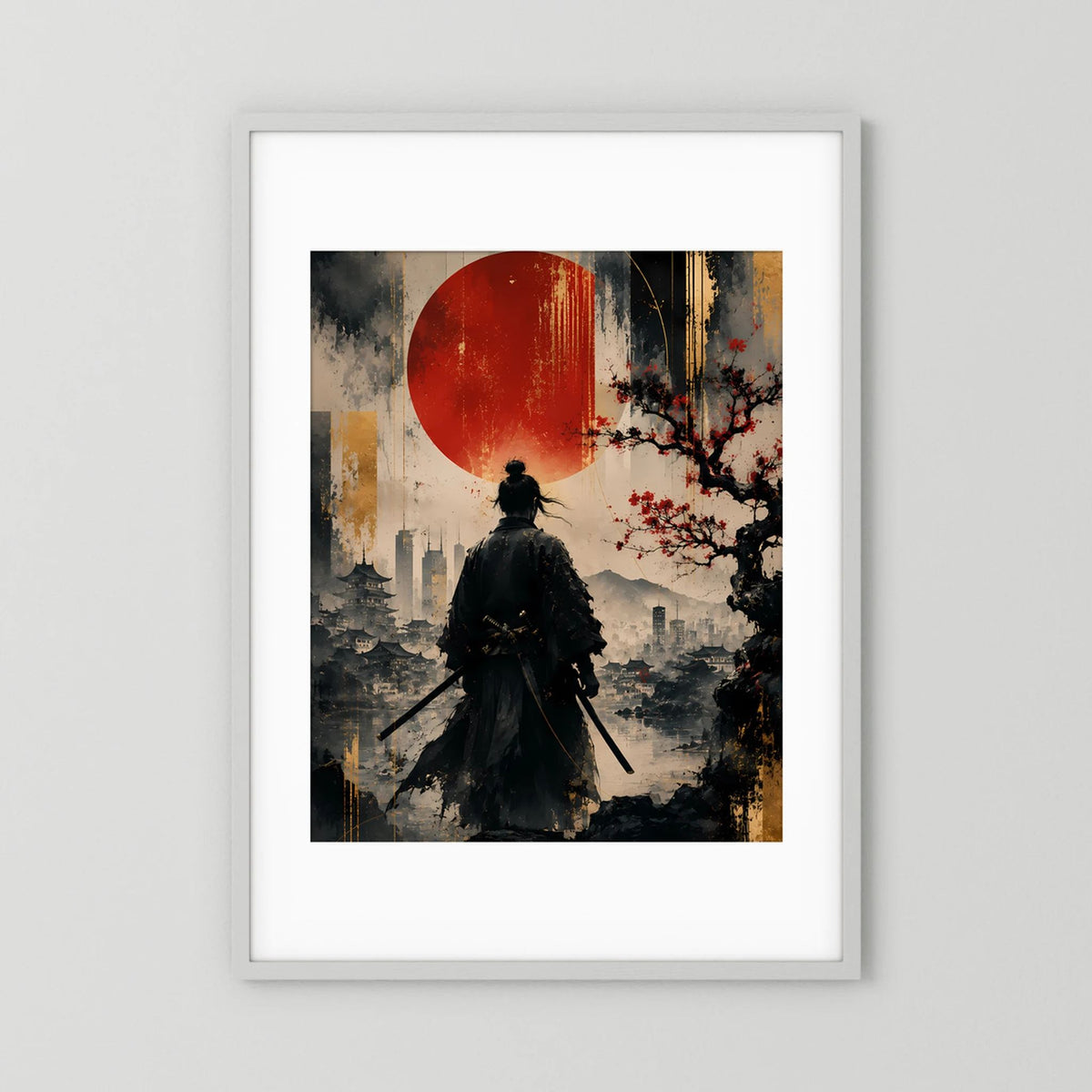 Hochformatiges Kunstposter im weißen Rahmen mit Rand: Samurai-Silhouette, rote Sonne, Schwert