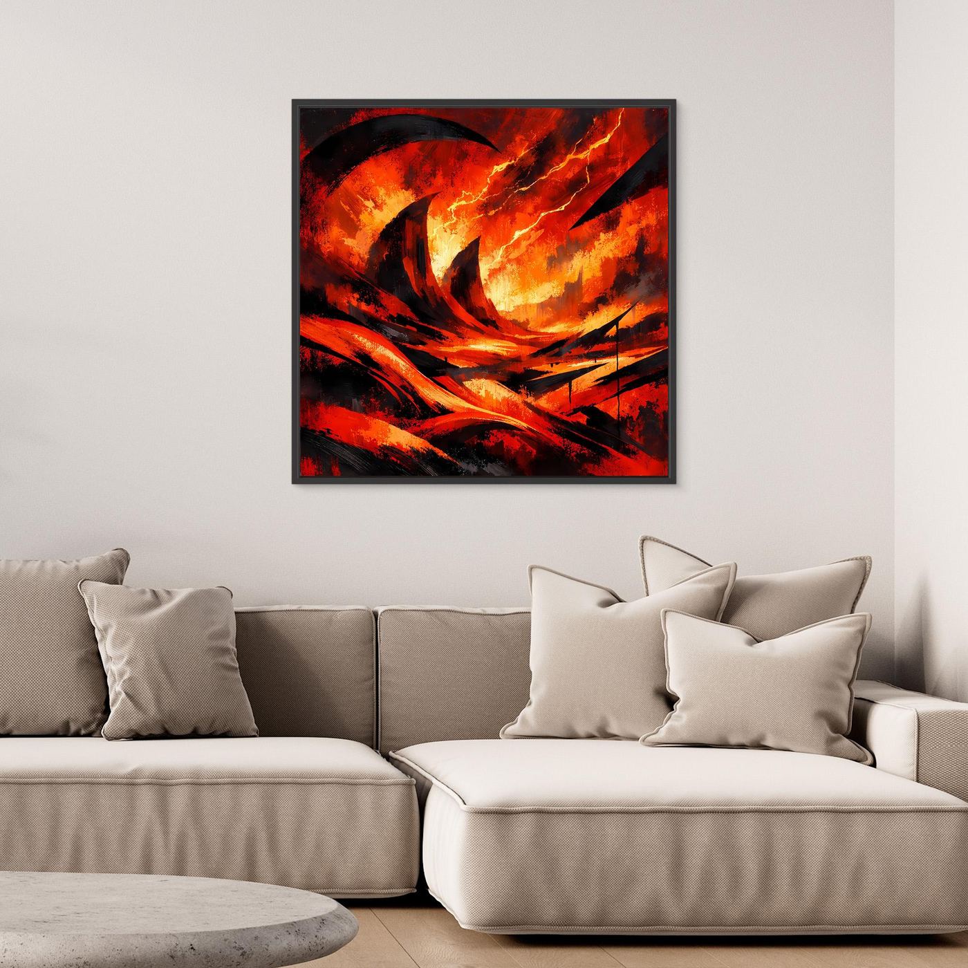 Gerahntes Leinwand-Wandbild mit abstrakten Lava- und Blitzmotiven, schwarzer Rahmen.