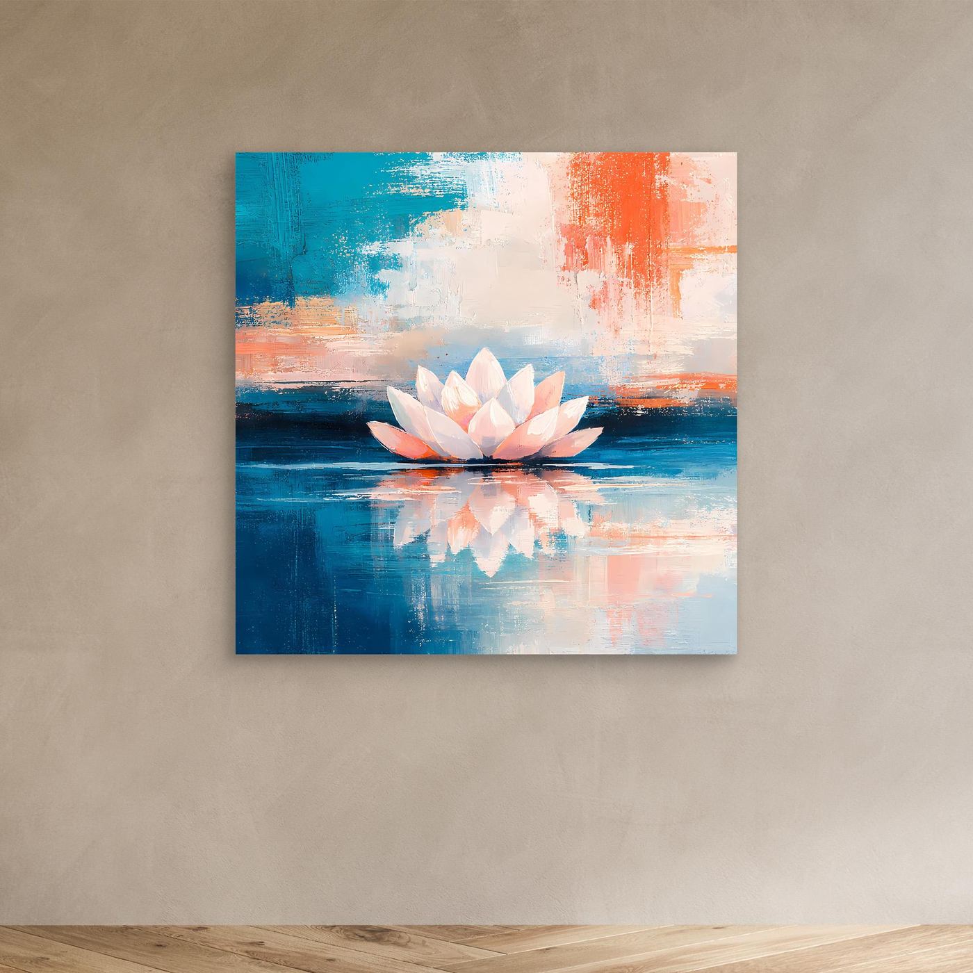 Leinwand Abstrakte Lotusblüte auf dem Wasser | Modernes Seerosen Wandbild Blau Orange