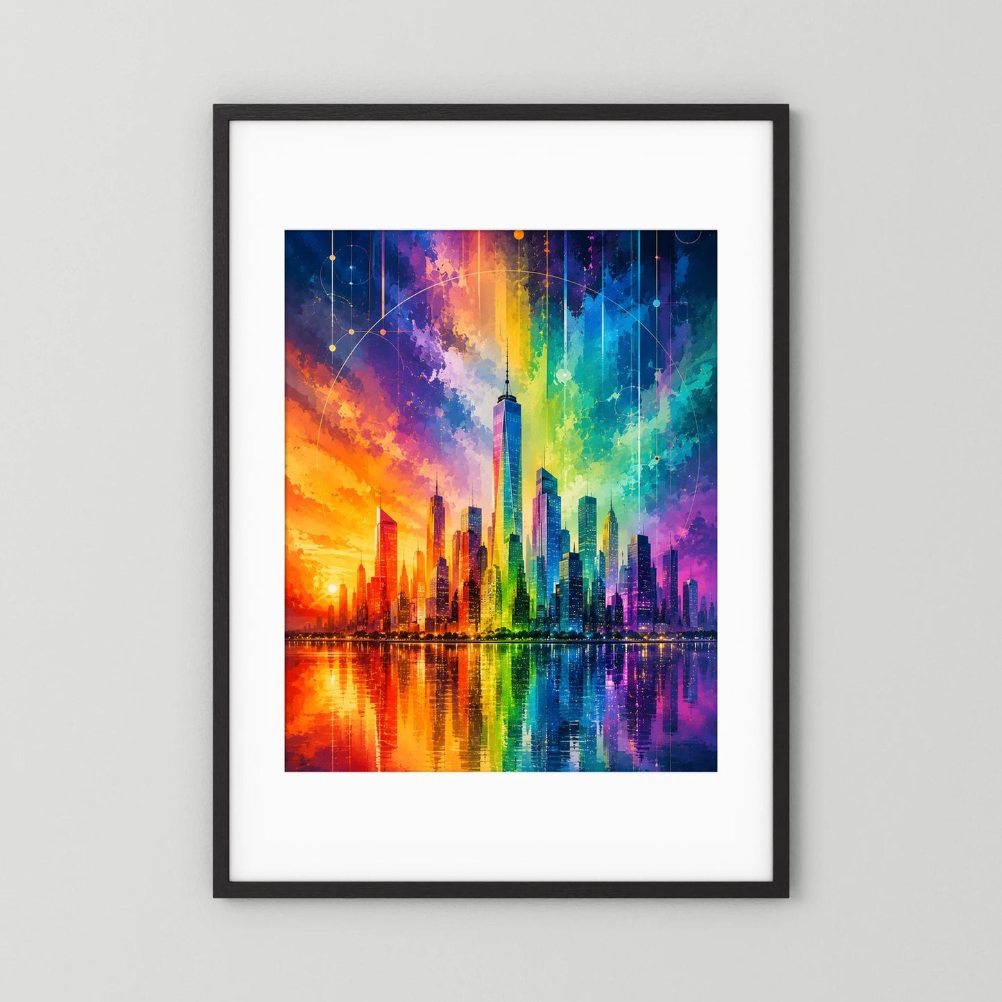 Poster mit abstrakter Regenbogen-Skyline und Reflexion im Wasser, schwarzer Rahmen