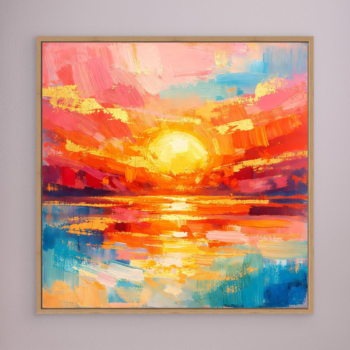 Leinwandbild abstraktes Meer mit Sonne im Sonnenuntergang, warmes Farbspiel, Holzrahmen