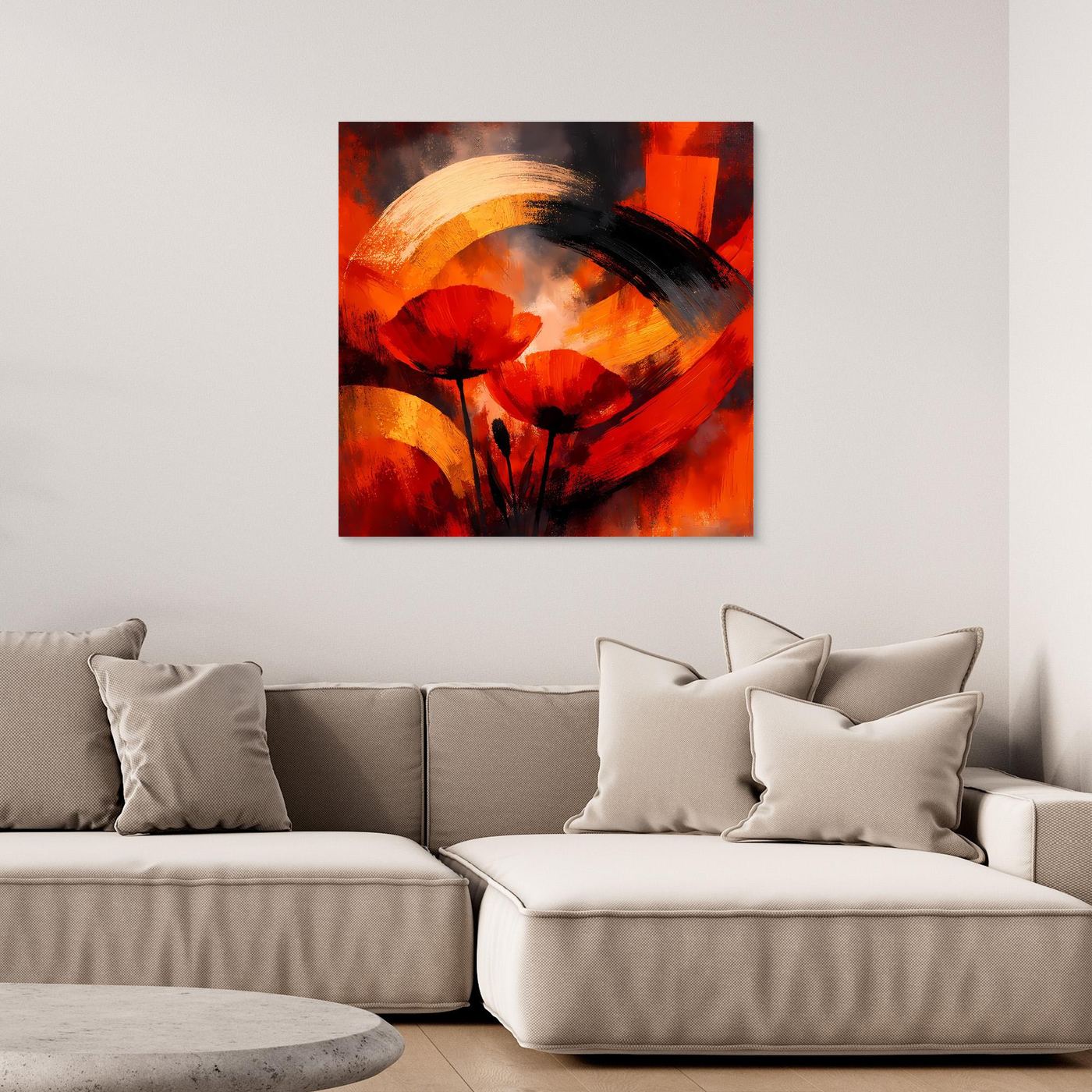 Leinwandbild mit abstrakter Mohnblüte in Rot, Schwarz und Gold, gerahmt
