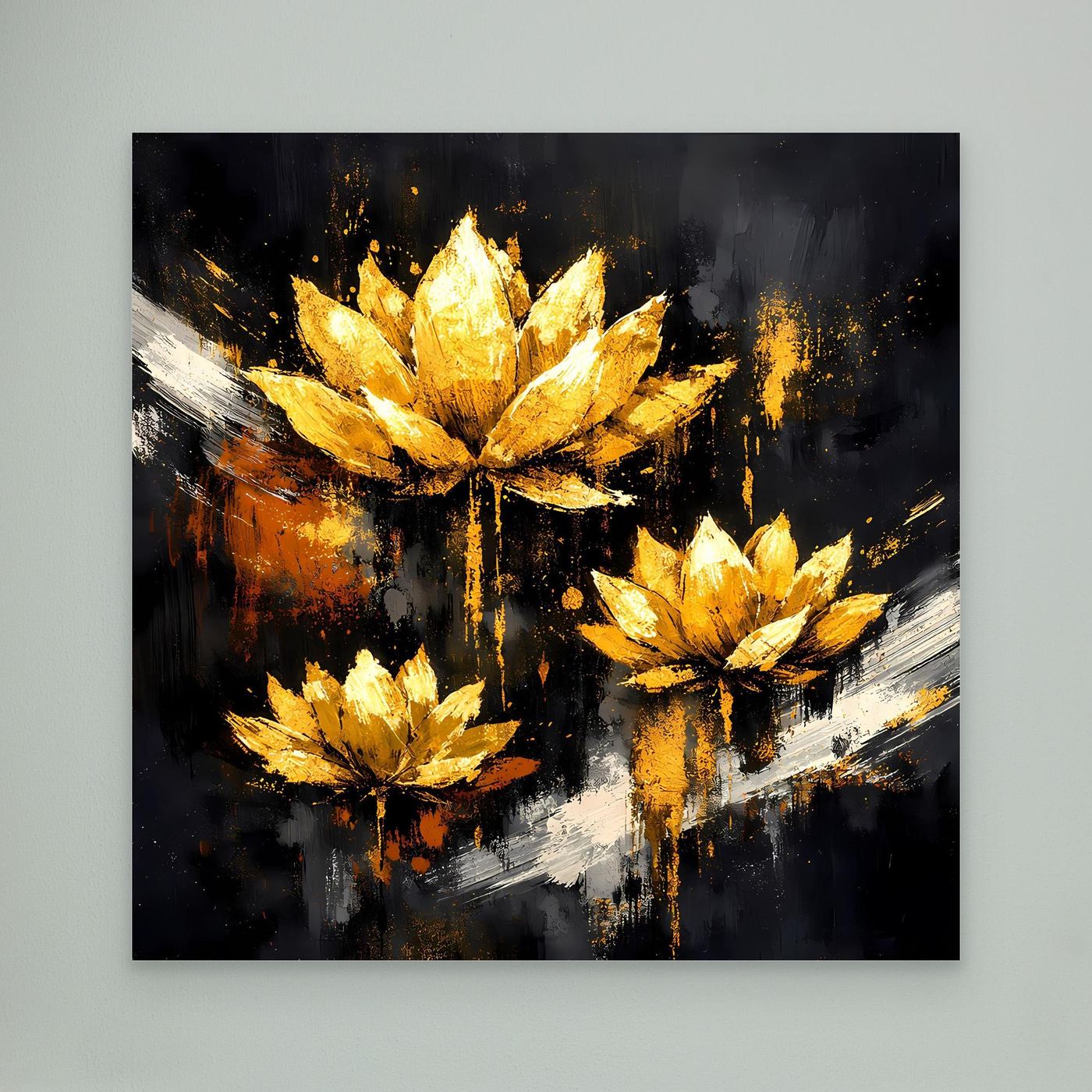 Leinwand Edle Lotusblüten in Gold und Schwarz | Modernes Florales Luxus Wandbild