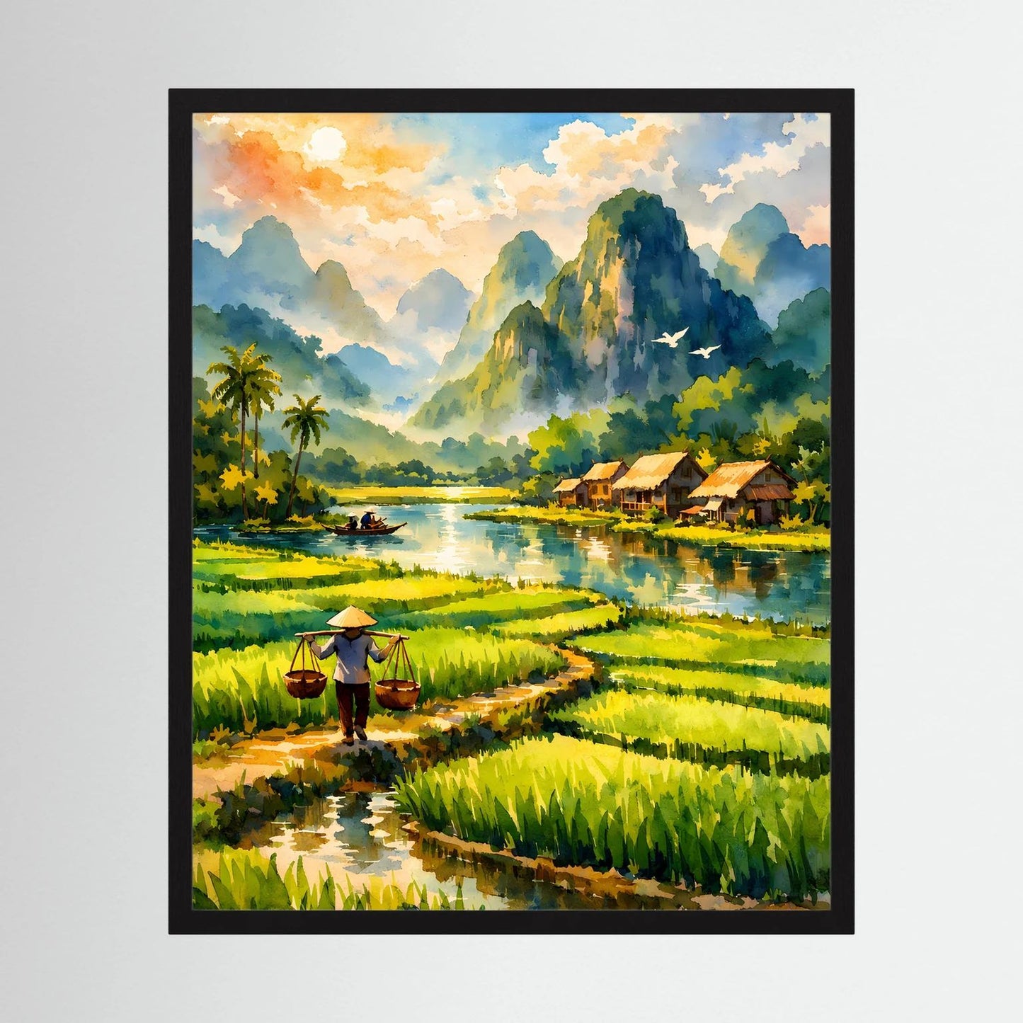 Wandbild mit tropischer Flusslandschaft, Reisfeldern und Dorf am Ufer im schwarzen Rahmen