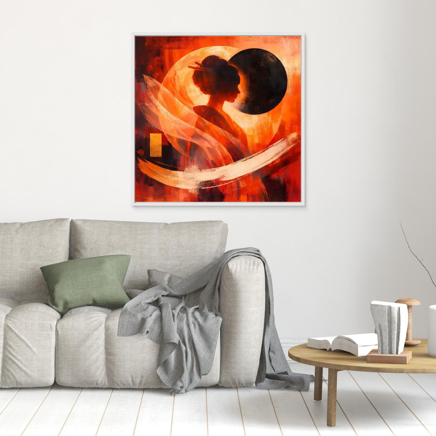 Kleines Wandbild aus Leinwand mit Geisha-Silhouette im hellen Rahmen