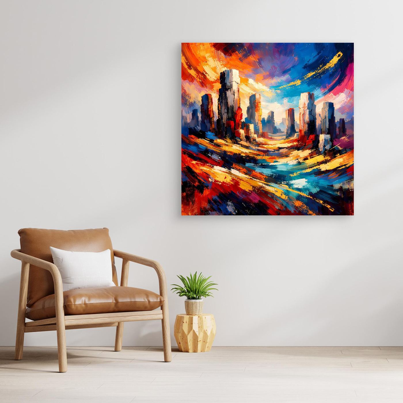 Gerahmtes Leinwandbild mit abstrakter Skyline, leuchtenden Pinselstrichen und warmen Akzenten