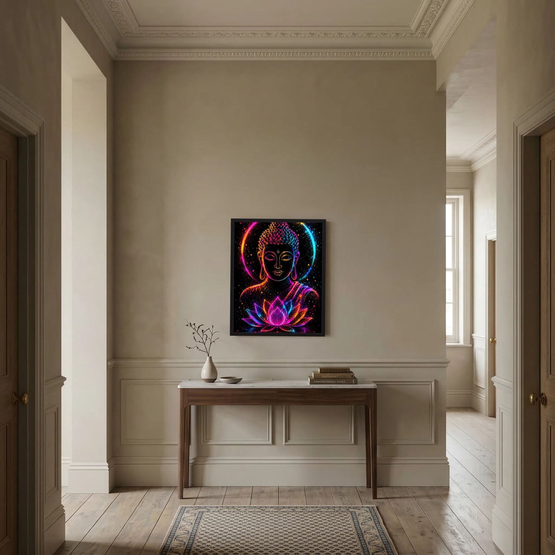 Neon-Buddha-Poster mit Lotusblüte, im schwarzen Rahmen an heller Wand