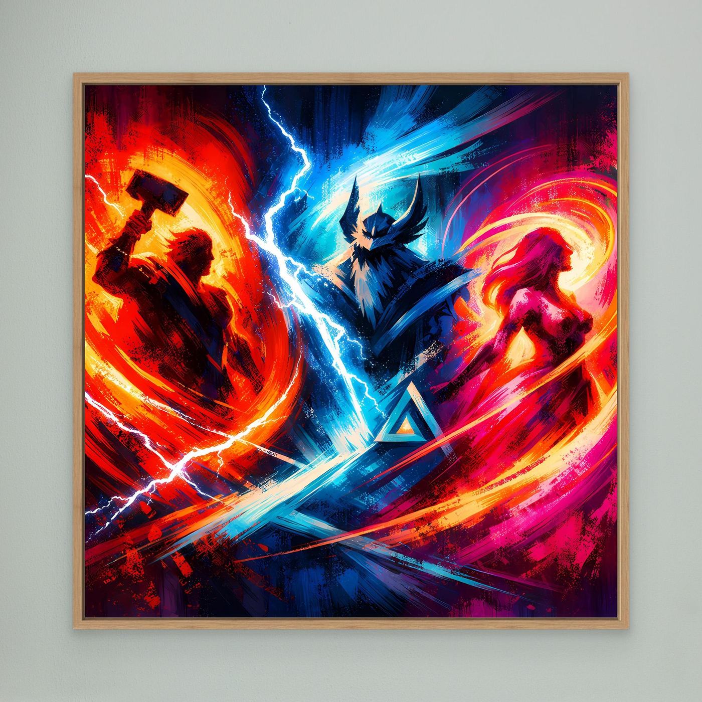 Neon-Fantasy-Leinwand-Wandbild mit Figuren, leuchtenden Wirbeln und Blitzbogen, Eichenrahmen