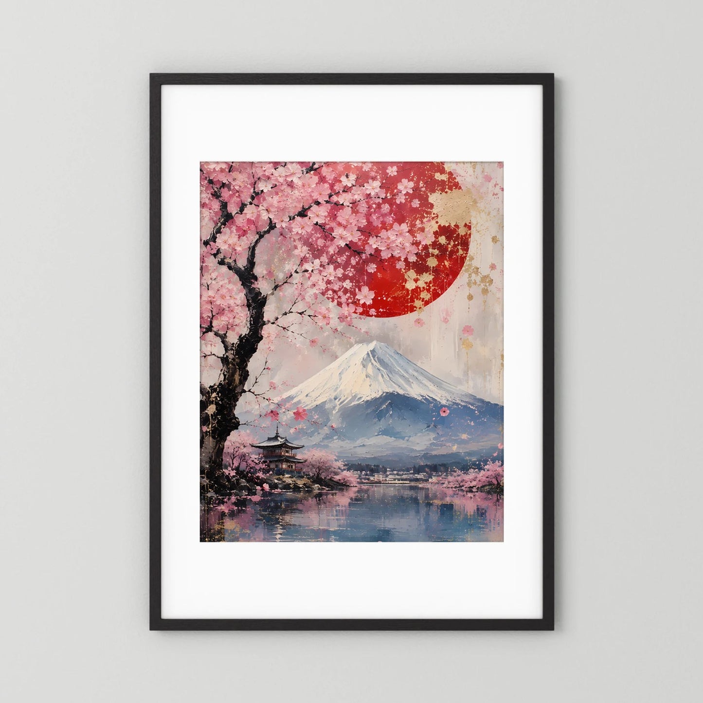 Hochformatiges Poster mit Kirschblüten, roter Sonne und Fuji-Berg über Wasser, schwarzer Rahmen und weißer Rand