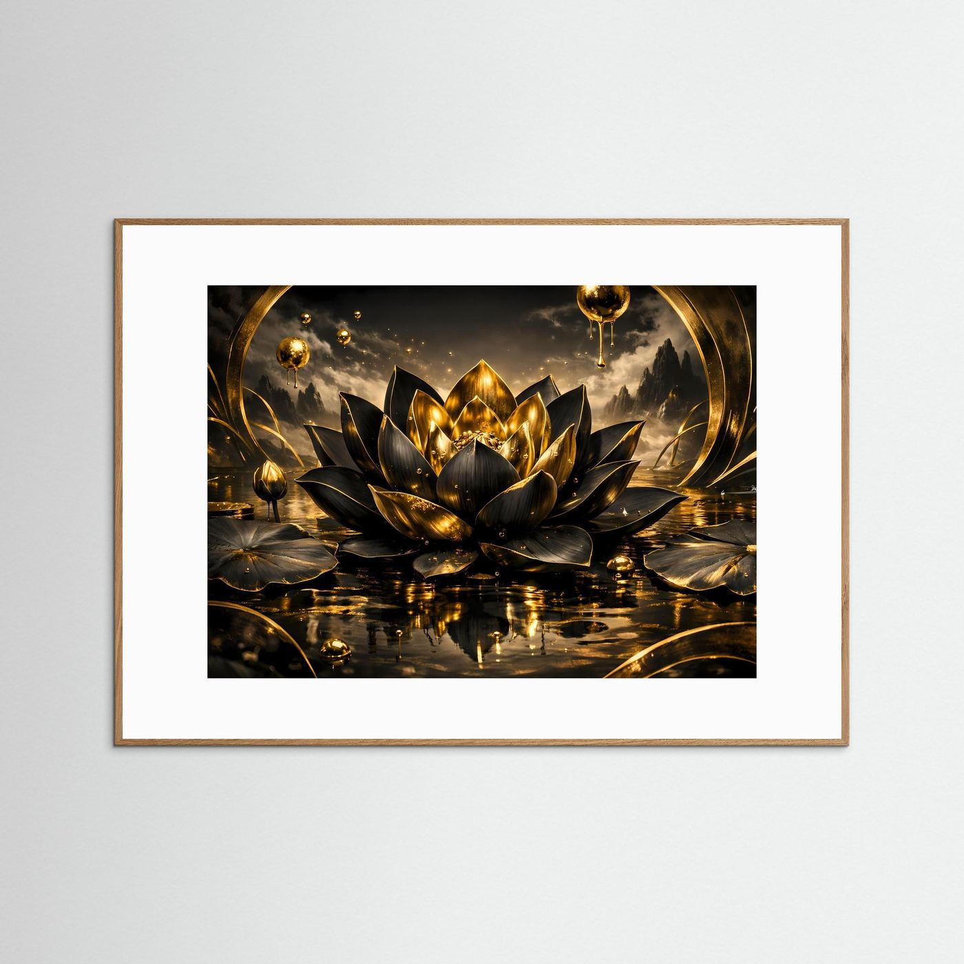 Gerahmtes Wandbild mit Lotusblüte in Gold und Schwarz, goldbrauner Rahmen