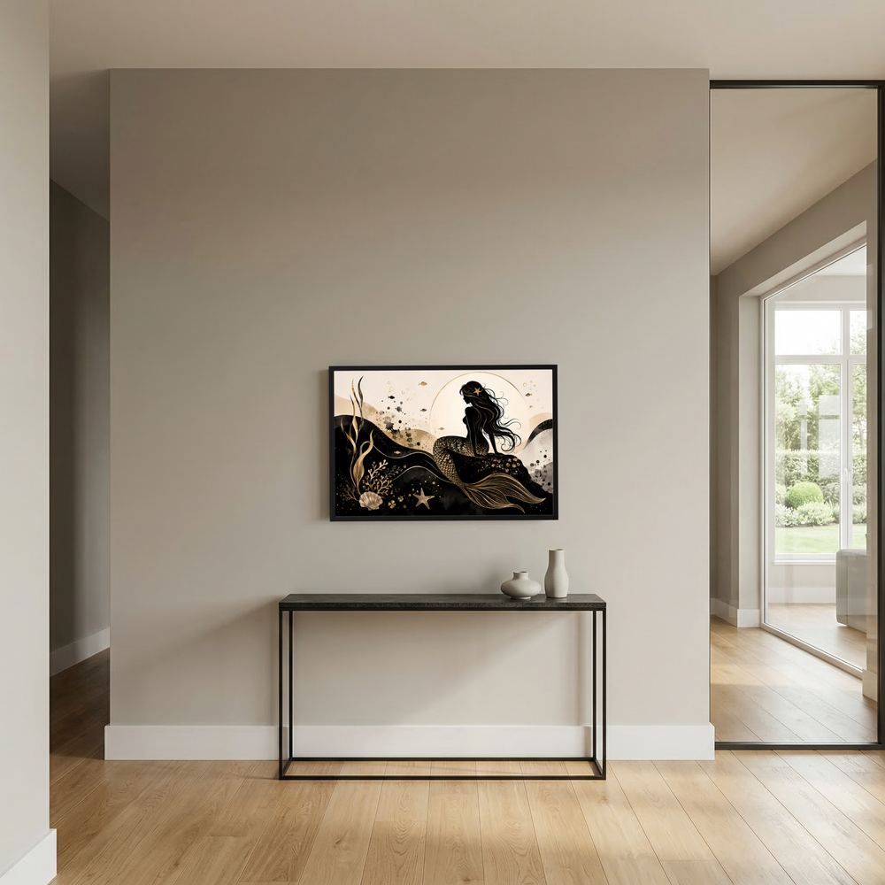 Gerahmtes Querformat-Poster mit Meerjungfrau-Silhouette in Schwarz und Gold, schwarzer Rahmen