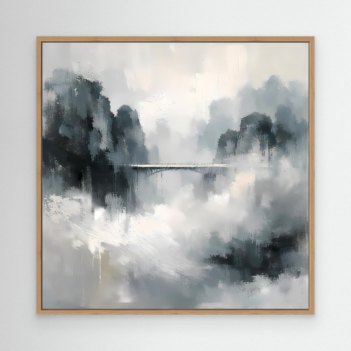 Leinwand Mystische Bergbrücke im Nebel | Abstraktes Natur Wandbild Grau