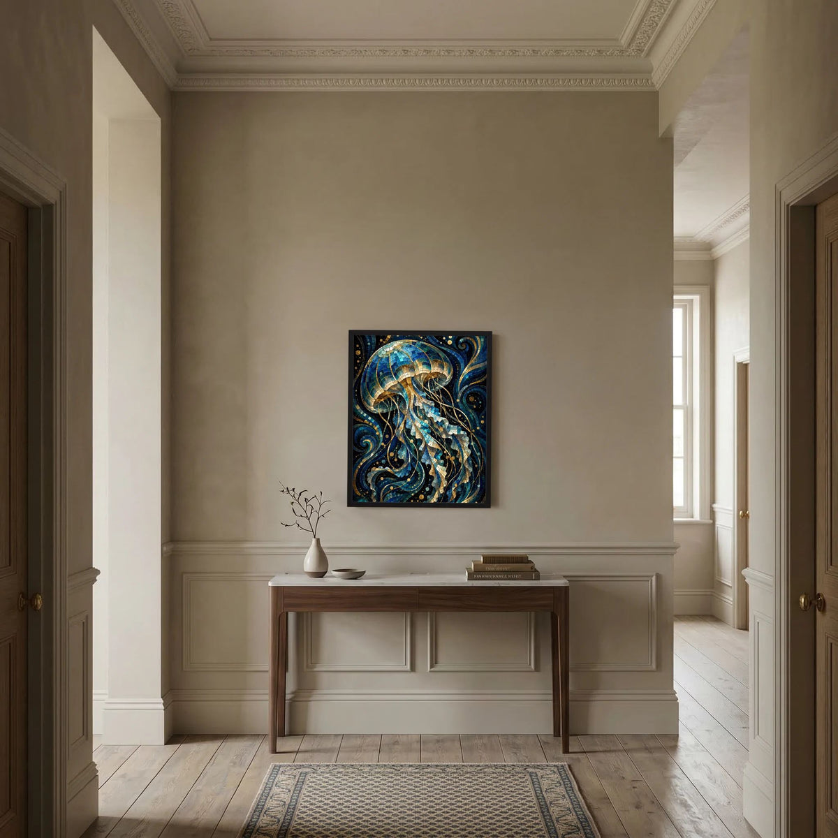 Gerahmtes Poster mit Mosaik-Quallen in Blau und Gold, kleines Format