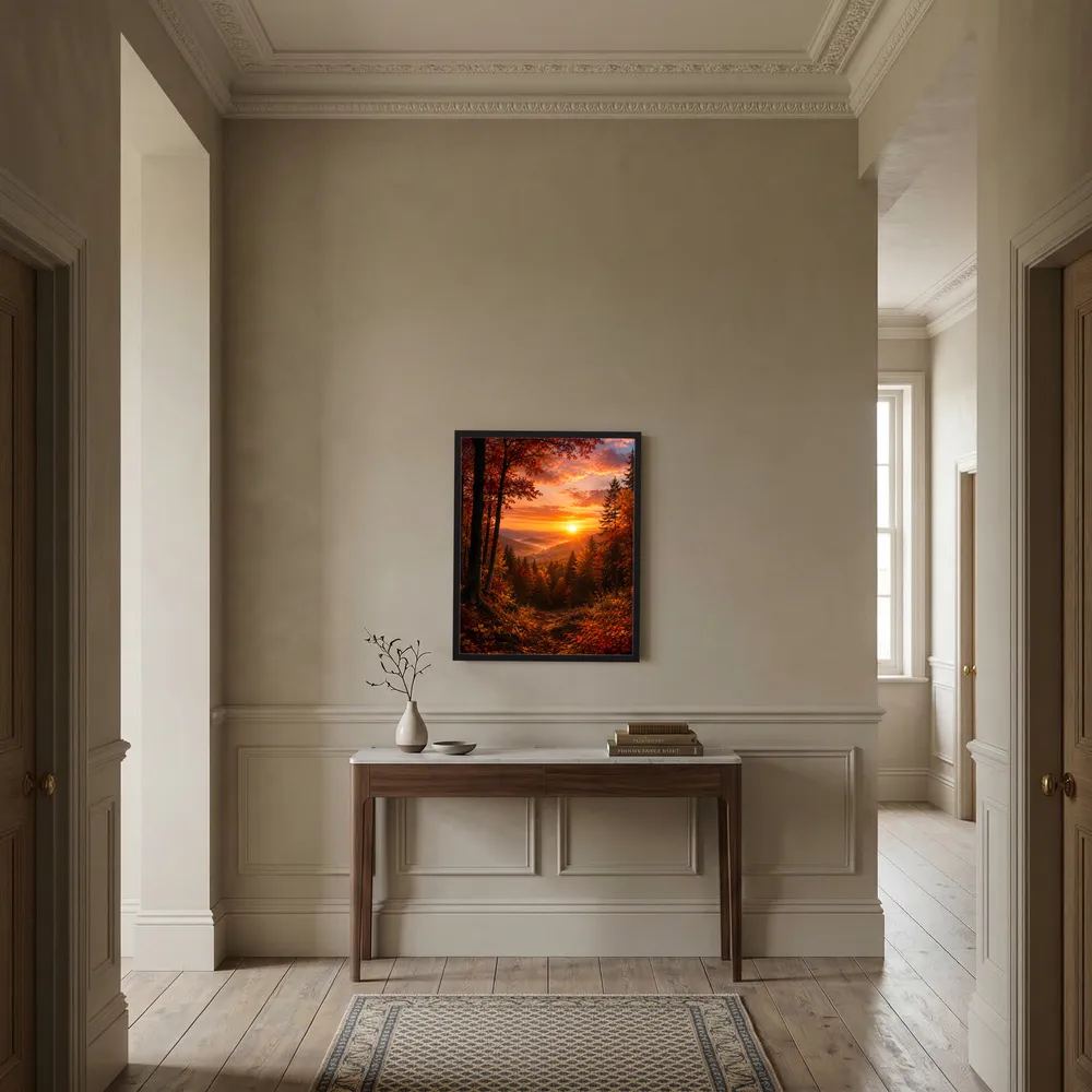 Hochformatiges Kunstposter Herbstwald im Sonnenuntergang, orangefarbene Tiefe, schwarzer Rahmen