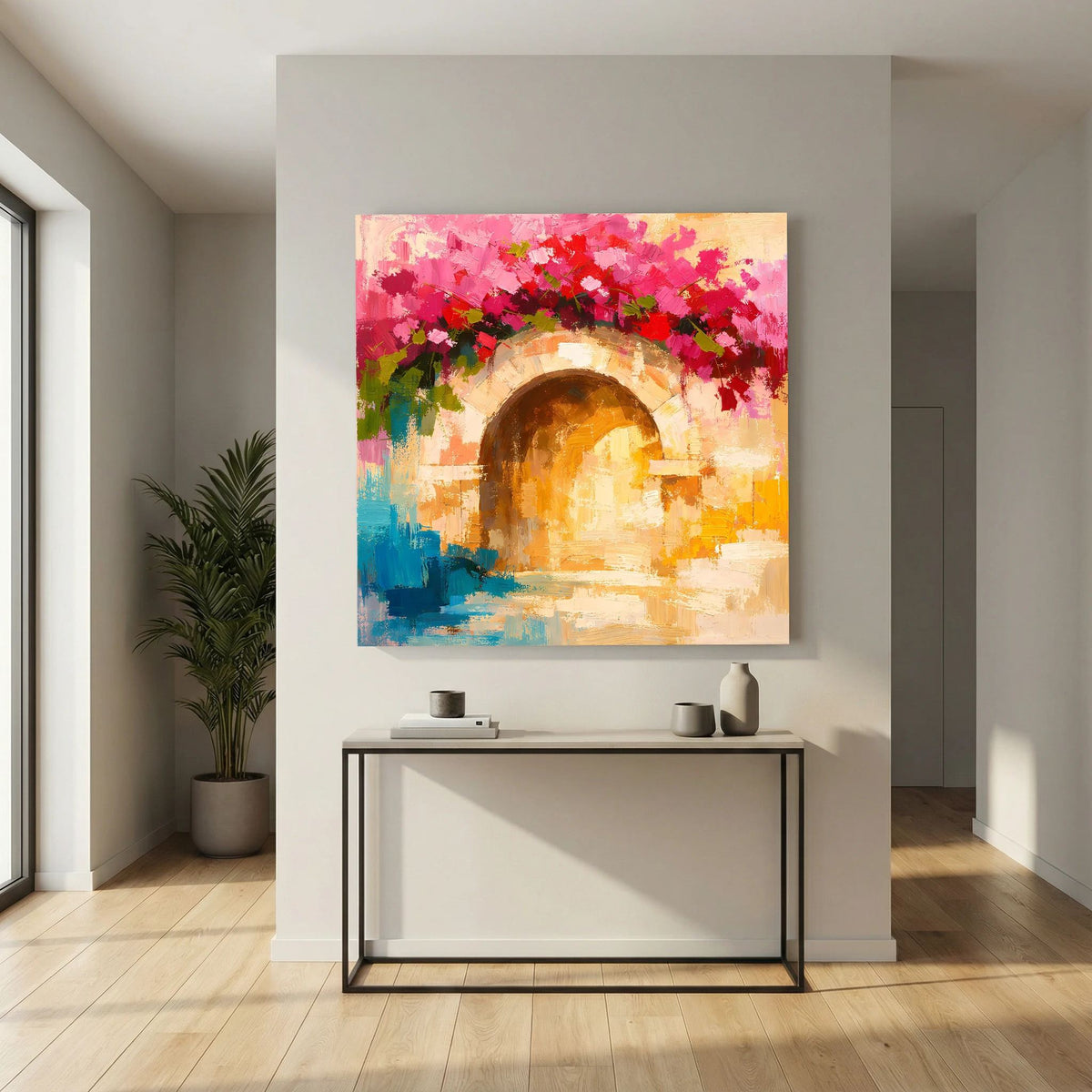 Leinwand-Wandbild mit Torbogen-Motiv, warmen Brauntönen, pinken Blüten und blauem Pinselstrich