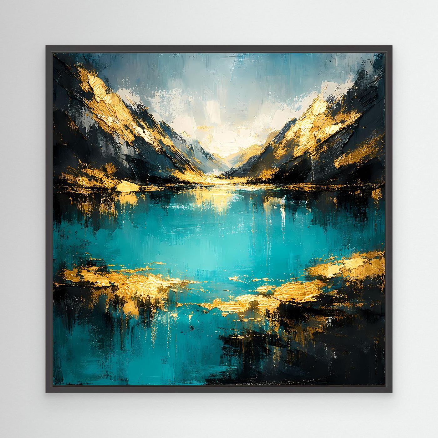 Abstraktes Leinwand-Wandbild mit Bergsee in Türkis und Gold, schwarzer Rahmen