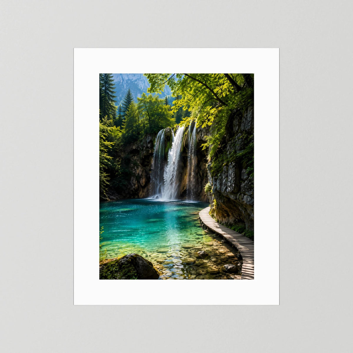 Hochformat-Poster mit Wasserfall und türkisfarbenem See, mit weißem Passepartout