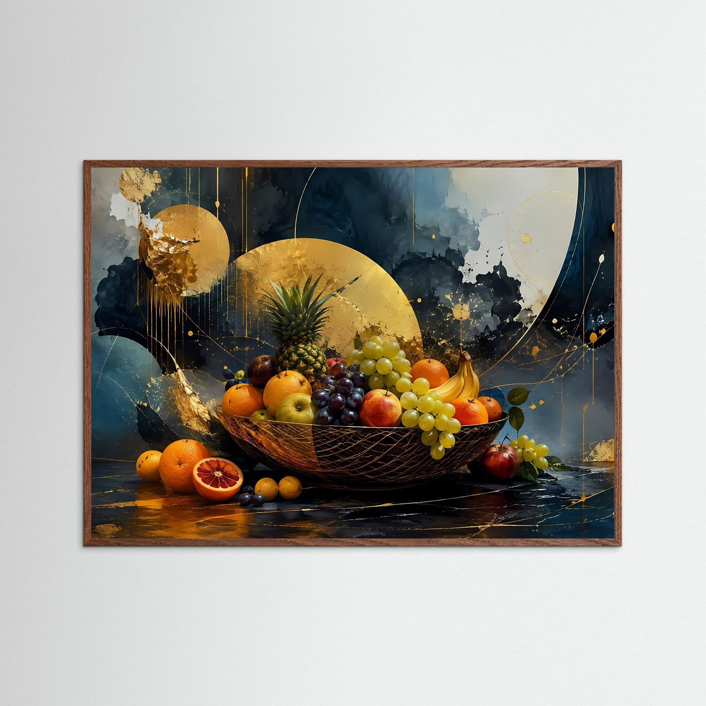 Obstschale Poster | Modernes Stillleben Wandbild | Abstrakte Küchenkunst | Gold Schwarz Leinwand | Luxus Fine Art Print