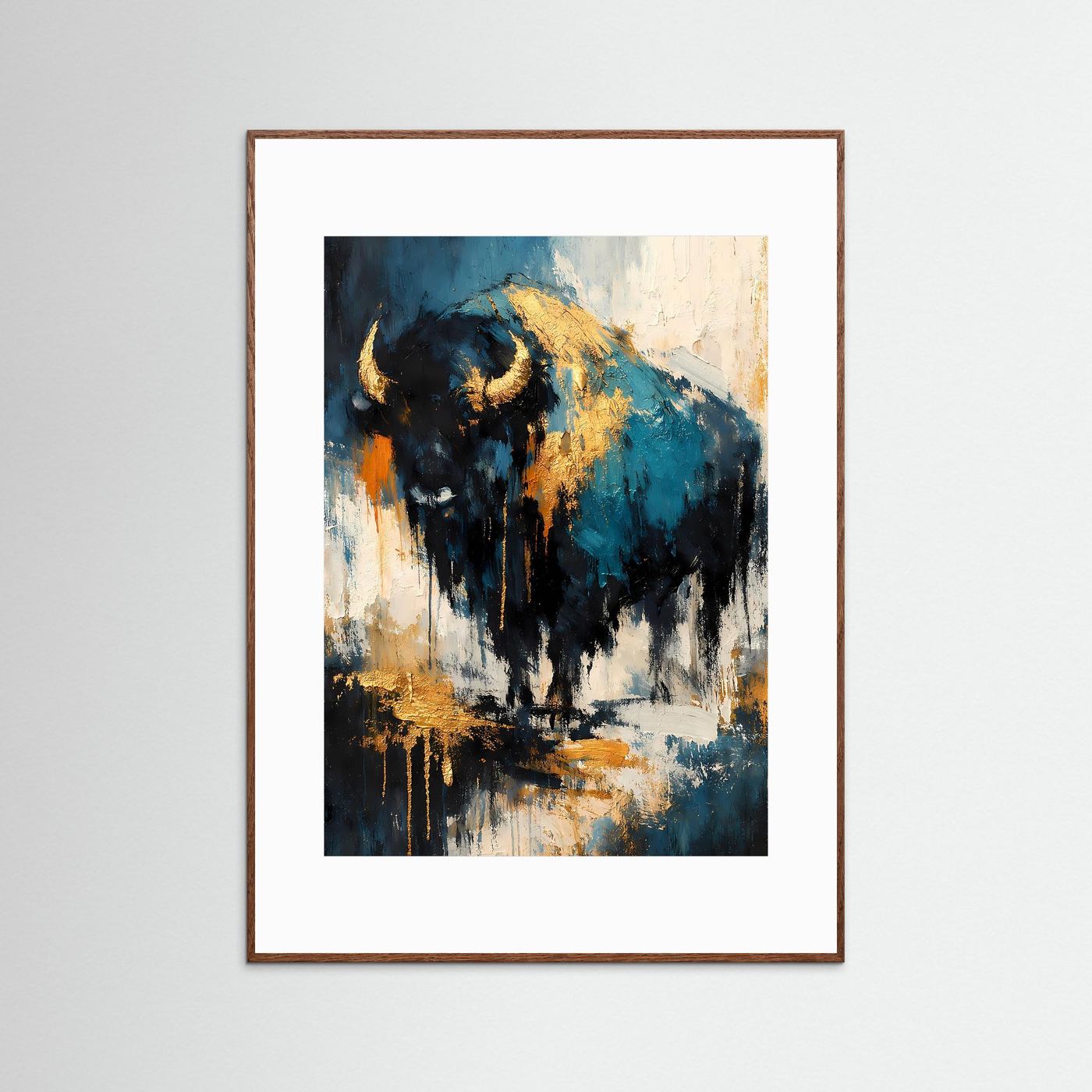Bison-Kunstposter mit abstraktem Tierportrait, brauner Holzrahmen