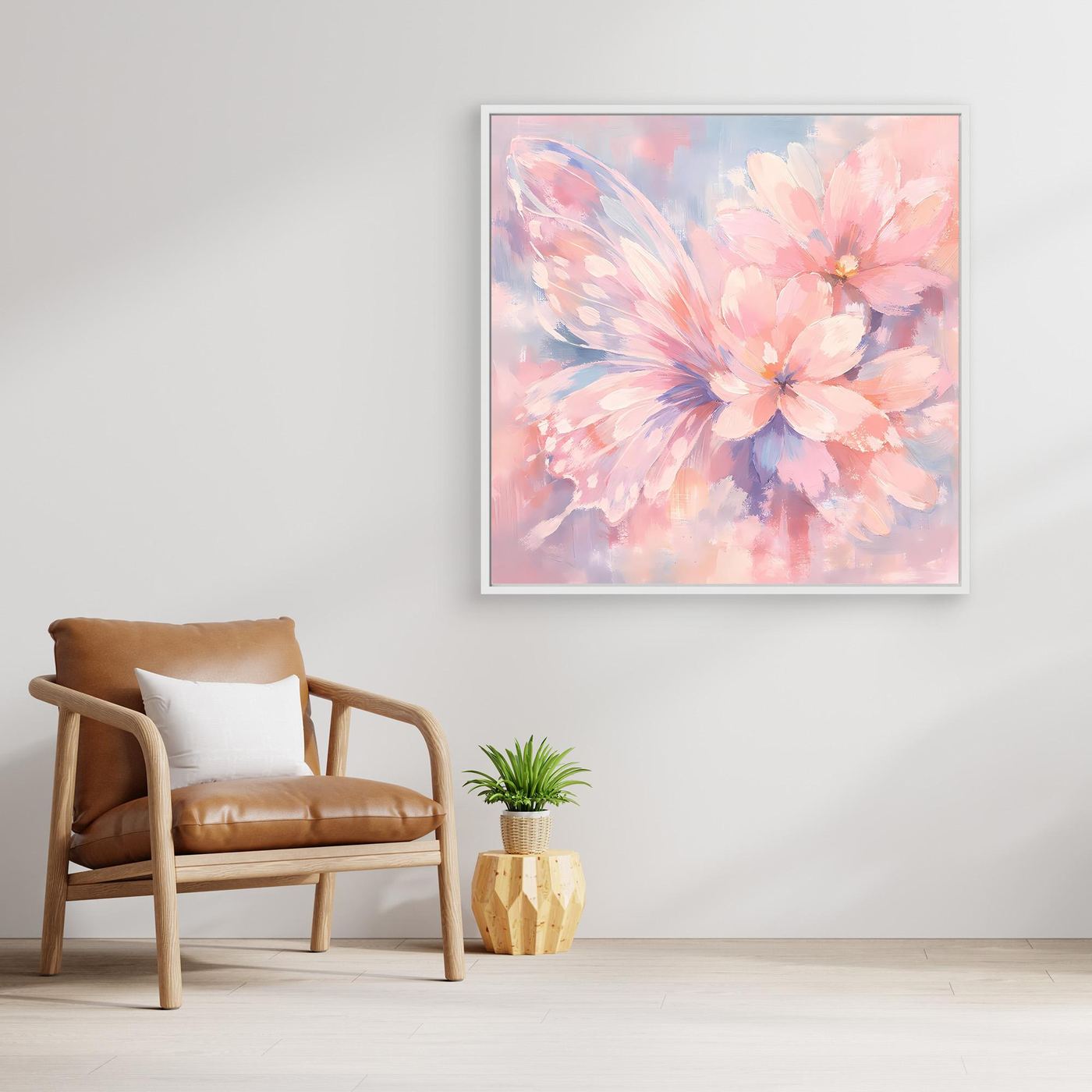 Quadratisches Leinwandbild mit Schmetterlingsblüte in Pastell, weißer Rahmen