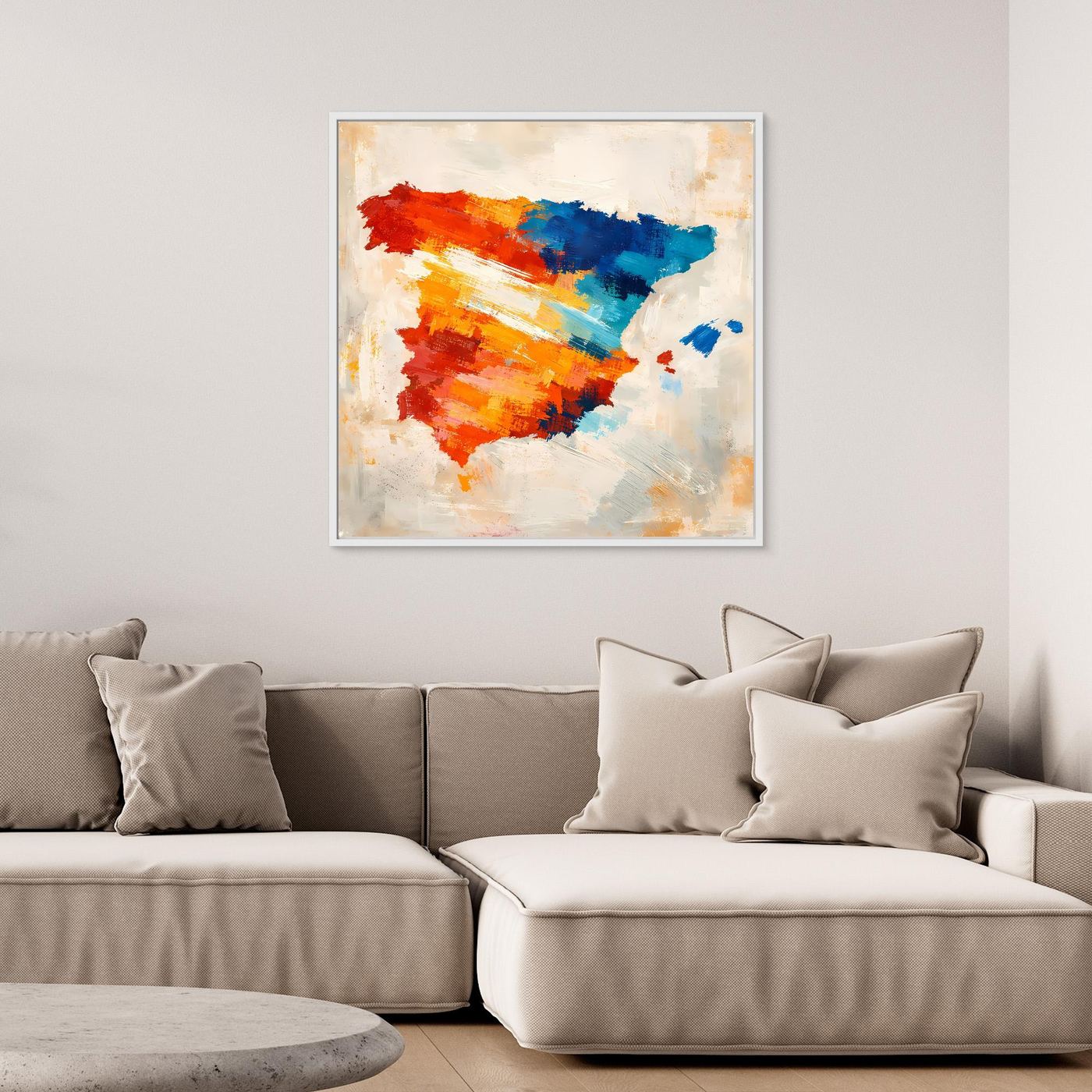 Abstract Spain map canvas wall art with white frame, red orange and blue on light ground.