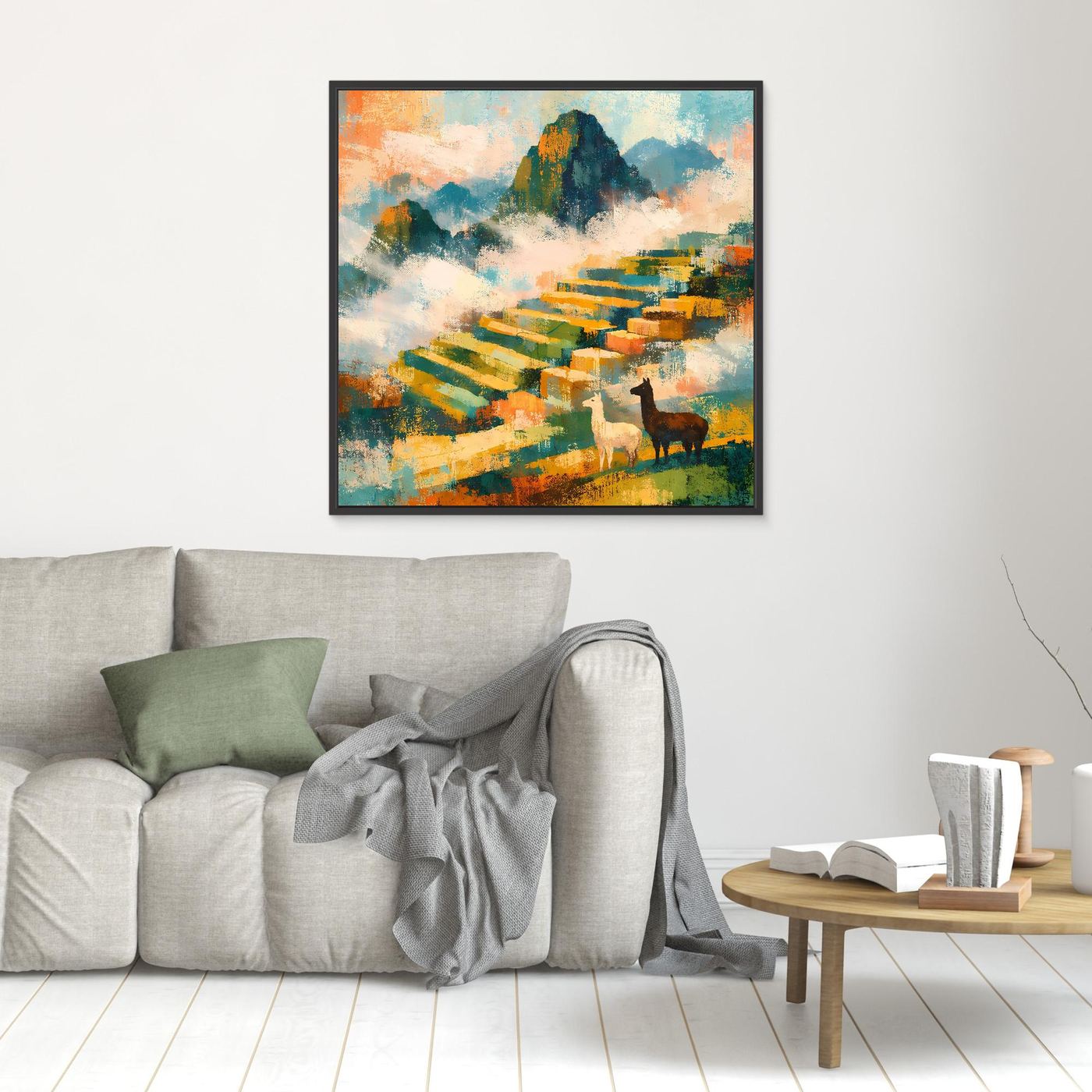 Quadratisches Leinwandbild mit abstrakter Berglandschaft, Terrassen und Alpakas, schwarz gerahmt