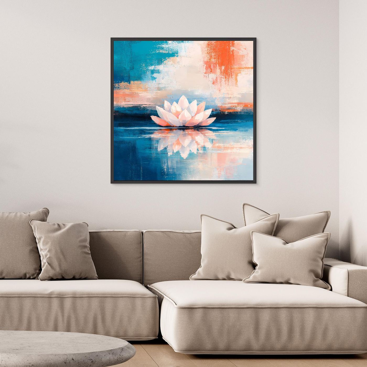 Leinwand Abstrakte Lotusblüte auf dem Wasser | Modernes Seerosen Wandbild Blau Orange