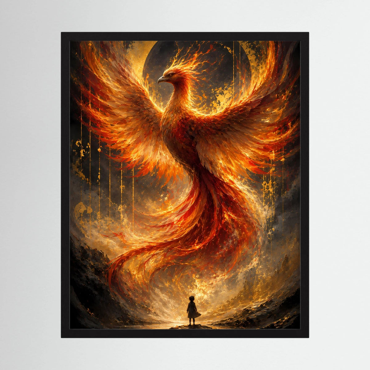Poster im Hochformat mit Phönix aus Feuer in Gold und Orange, schwarzer Rahmen