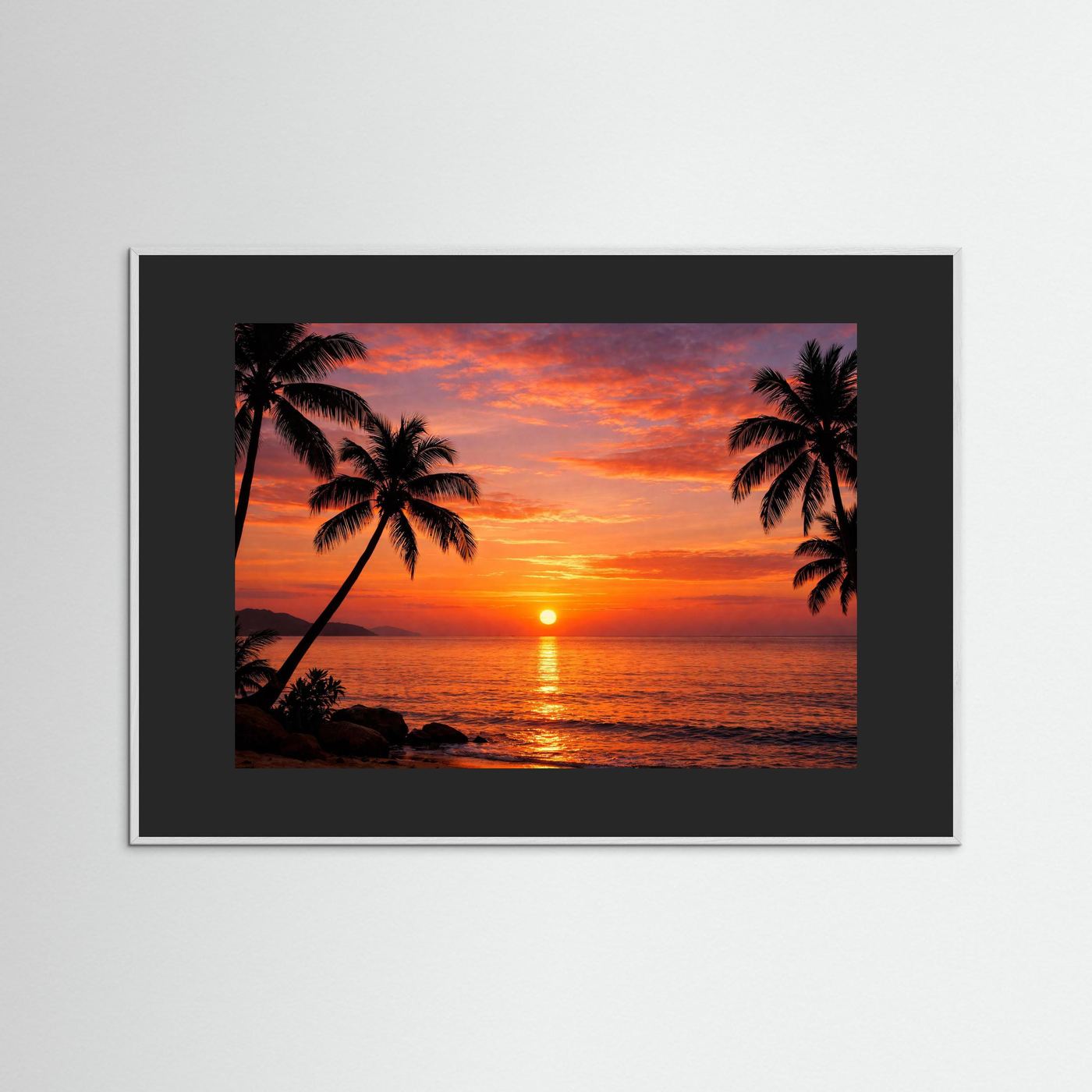 Tropisches Sonnenuntergang-Wandbild mit Palmen-Silhouetten, schwarzer Rahmen, schwarze Umrandung